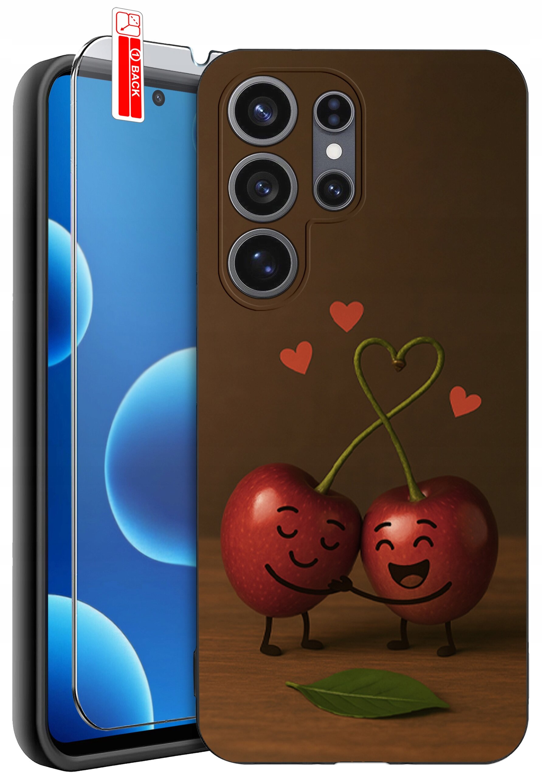 Etui na telefon z nadrukiem dwóch uśmiechniętych wiśni trzymających się za ręce, z serduszkami nad nimi. Obok znajduje się szkło ochronne z napisem \'BACK\'.