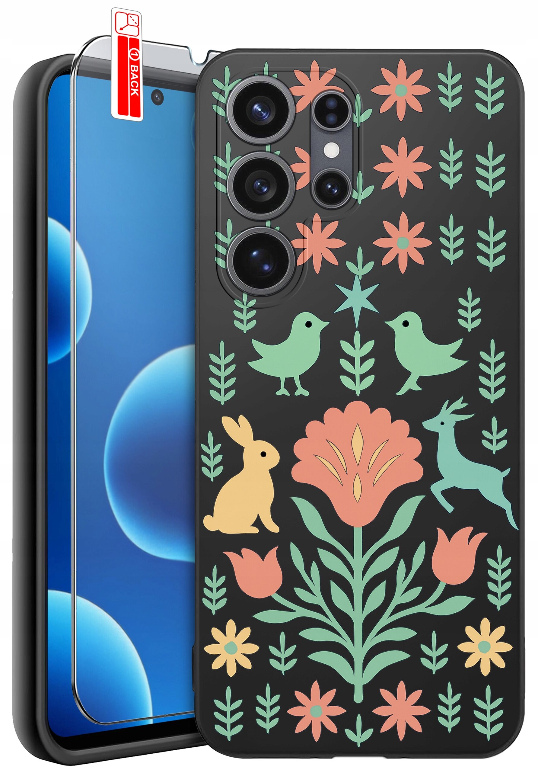 Etui na telefon z kolorowym wzorem przedstawiającym kwiaty, ptaki, królika i jelenia na czarnym tle. Obok etui znajduje się szkło ochronne z napisem \'BACK\'.