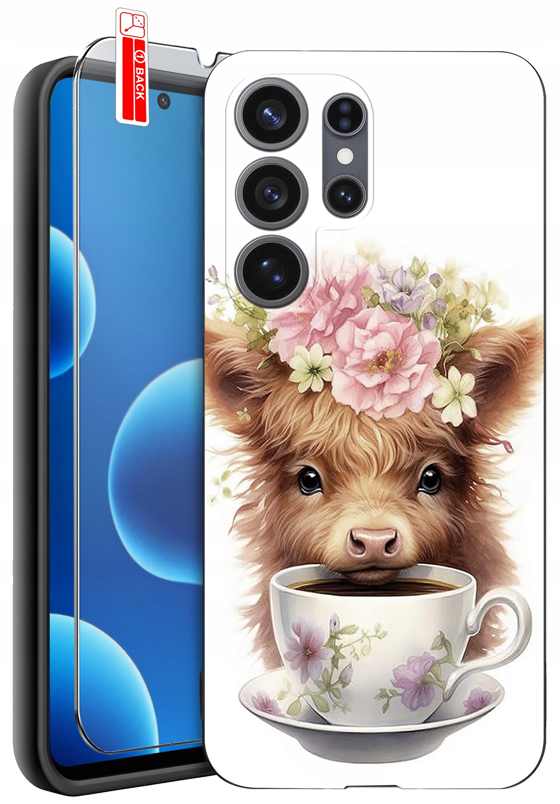 Etui na telefon z nadrukiem przedstawiającym urocze zwierzę z kwiatami na głowie, trzymające filiżankę. Obok znajduje się szkło ochronne z etykietą \'BACK\'.