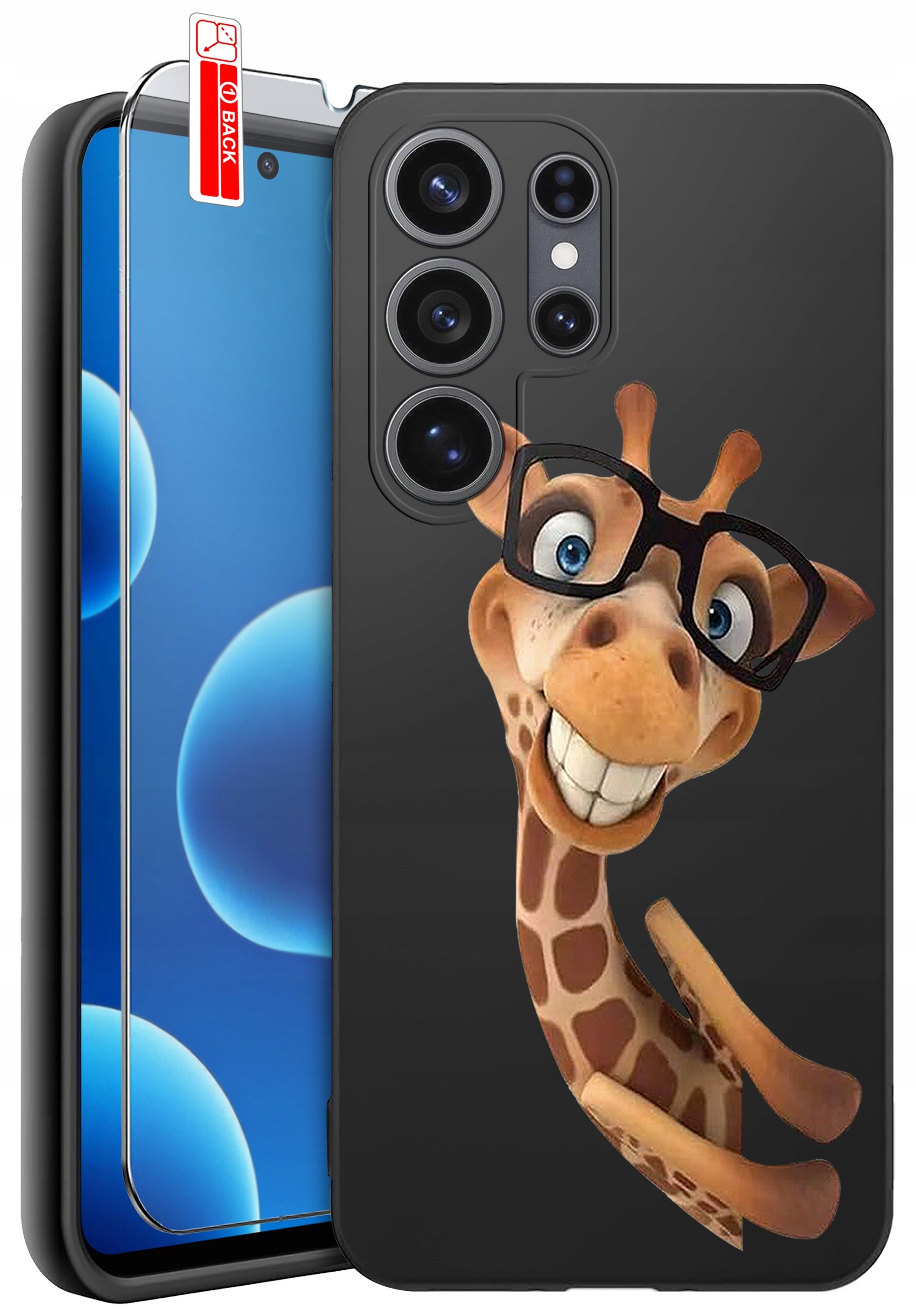 Etui na telefon z nadrukiem uśmiechniętej żyrafy w okularach. Obok etui znajduje się szkło ochronne z etykietą \'BACK\'.