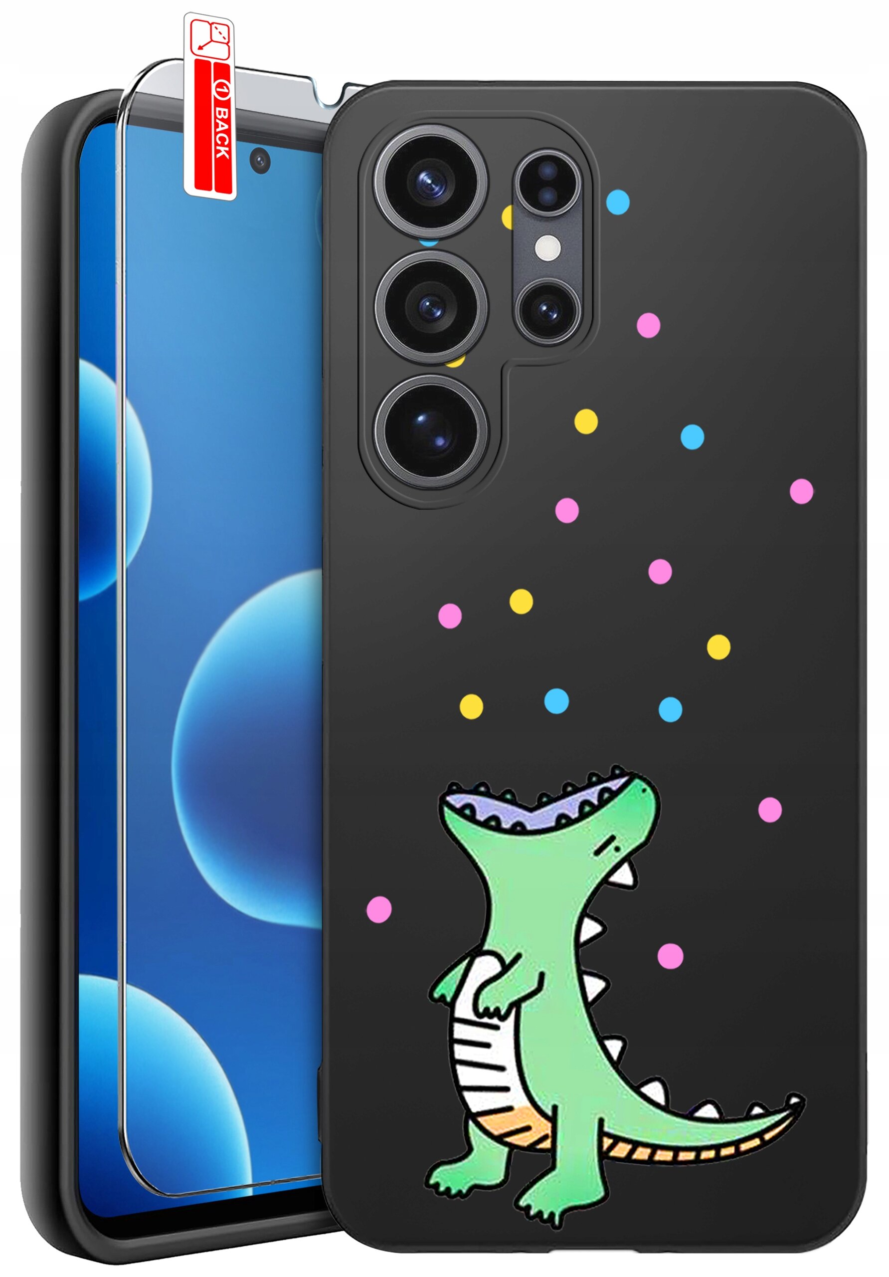 Na obrazie widoczne jest czarne etui na telefon z kolorowym wzorem przedstawiającym zielonego dinozaura i kolorowe kropki. Obok etui znajduje się szkło ochronne z napisem \'BACK\'.