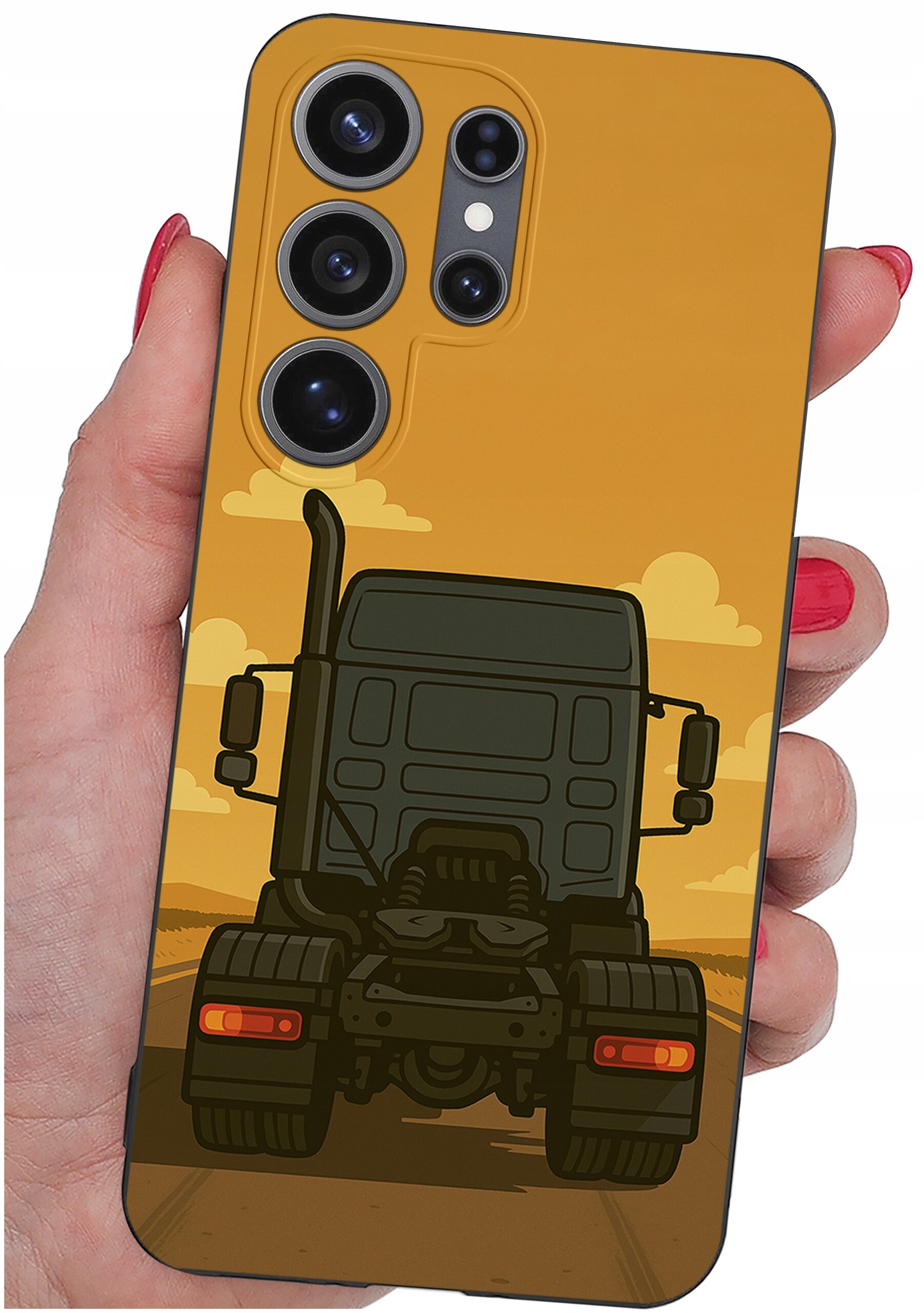 Etui na telefon z grafiką przedstawiającą tył ciężarówki na tle pomarańczowego nieba z chmurami. Etui trzymane jest w dłoni z pomalowanymi na czerwono paznokciami.