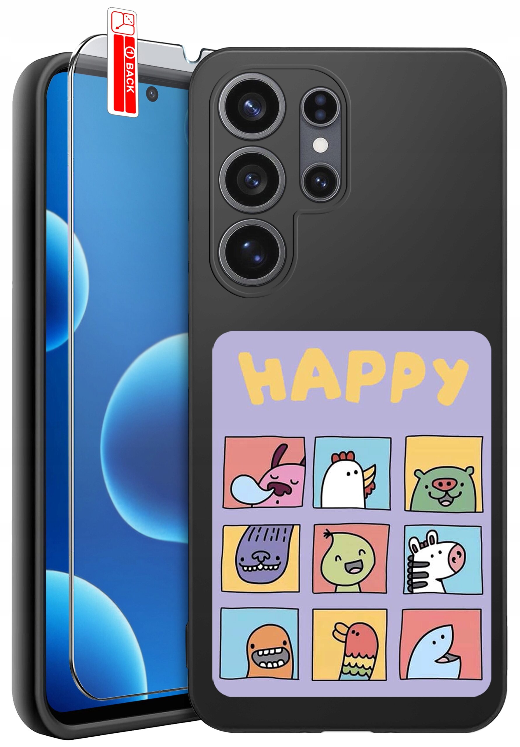 Etui na telefon z kolorowym wzorem przedstawiającym dziewięć rysunkowych postaci i napisem \'HAPPY\'. Obok etui znajduje się szkło ochronne z oznaczeniem \'BACK\'.