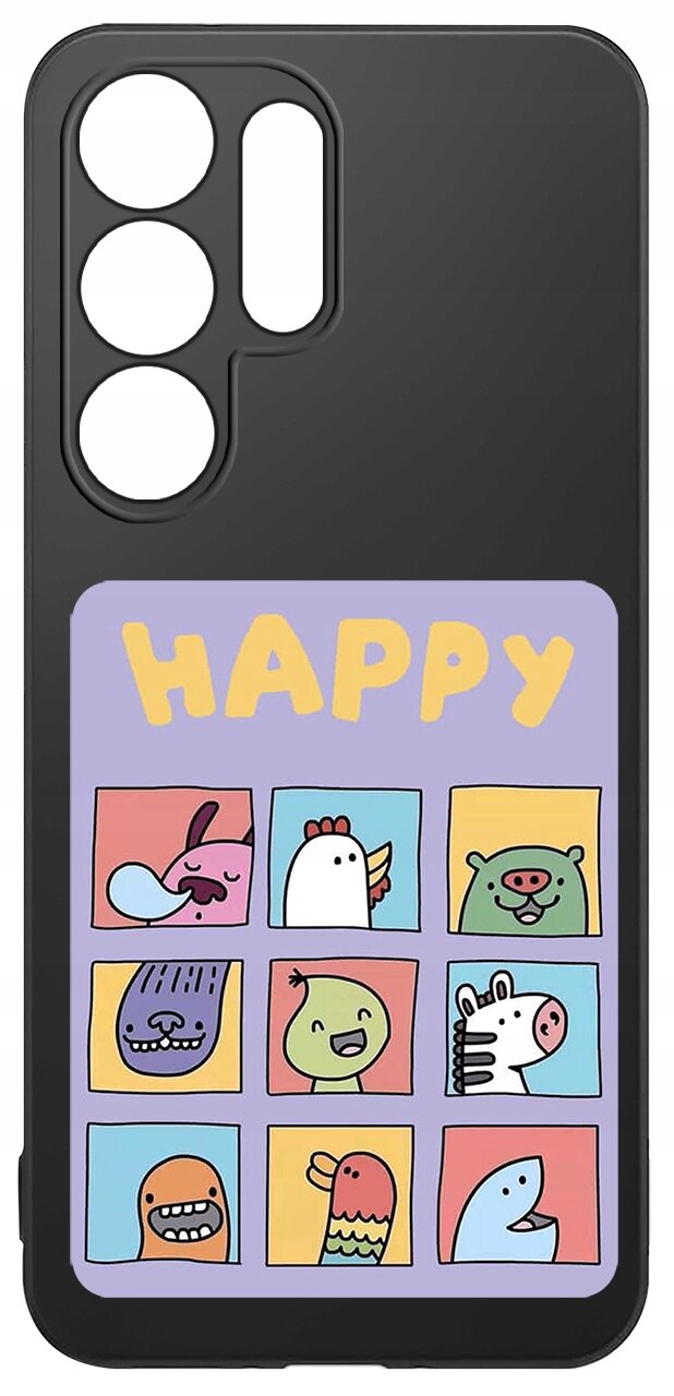 Czarne etui na telefon z kolorowym wzorem przedstawiającym dziewięć kwadratów z rysunkami zwierząt i napisem \'HAPPY\' na górze. Etui ma wycięcia na aparat i przyciski.