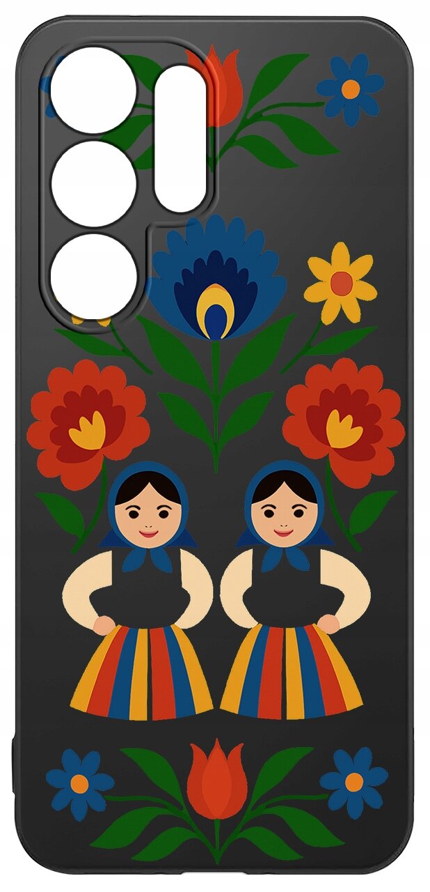 Etui na telefon z kolorowym wzorem ludowym, przedstawiającym dwie postacie w tradycyjnych strojach oraz kwiaty w żywych kolorach na czarnym tle.