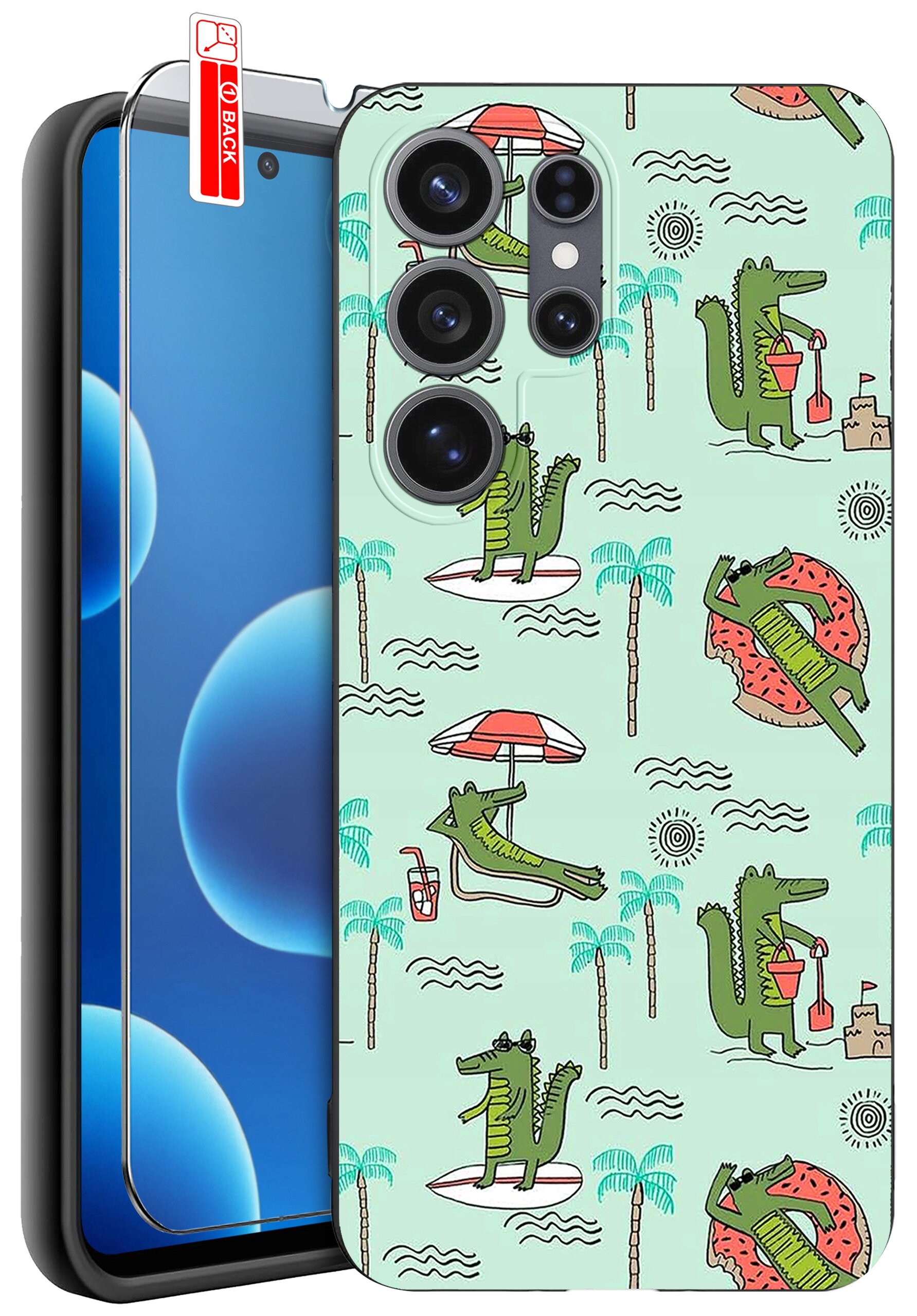 Etui na telefon z wzorem przedstawiającym zielone krokodyle w różnych wakacyjnych scenach, takich jak leżenie pod parasolem, pływanie na desce i budowanie zamku z piasku. Obok etui znajduje się szkło ochronne z etykietą \'BACK\'.