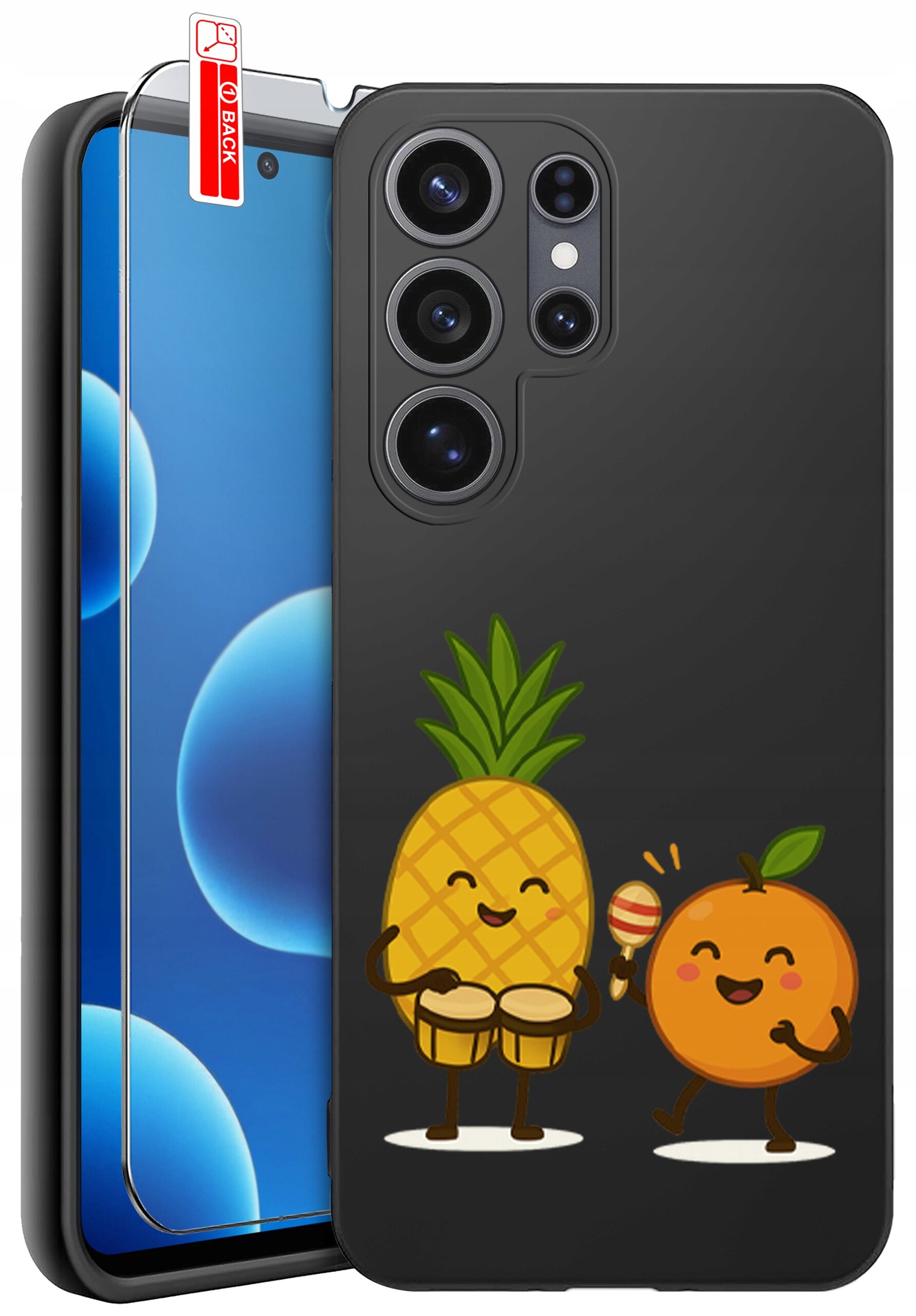 Czarne etui na telefon z grafiką przedstawiającą uśmiechnięte ananasa i pomarańczę grające na instrumentach. Obok etui znajduje się szkło ochronne z oznaczeniem \'BACK\'.