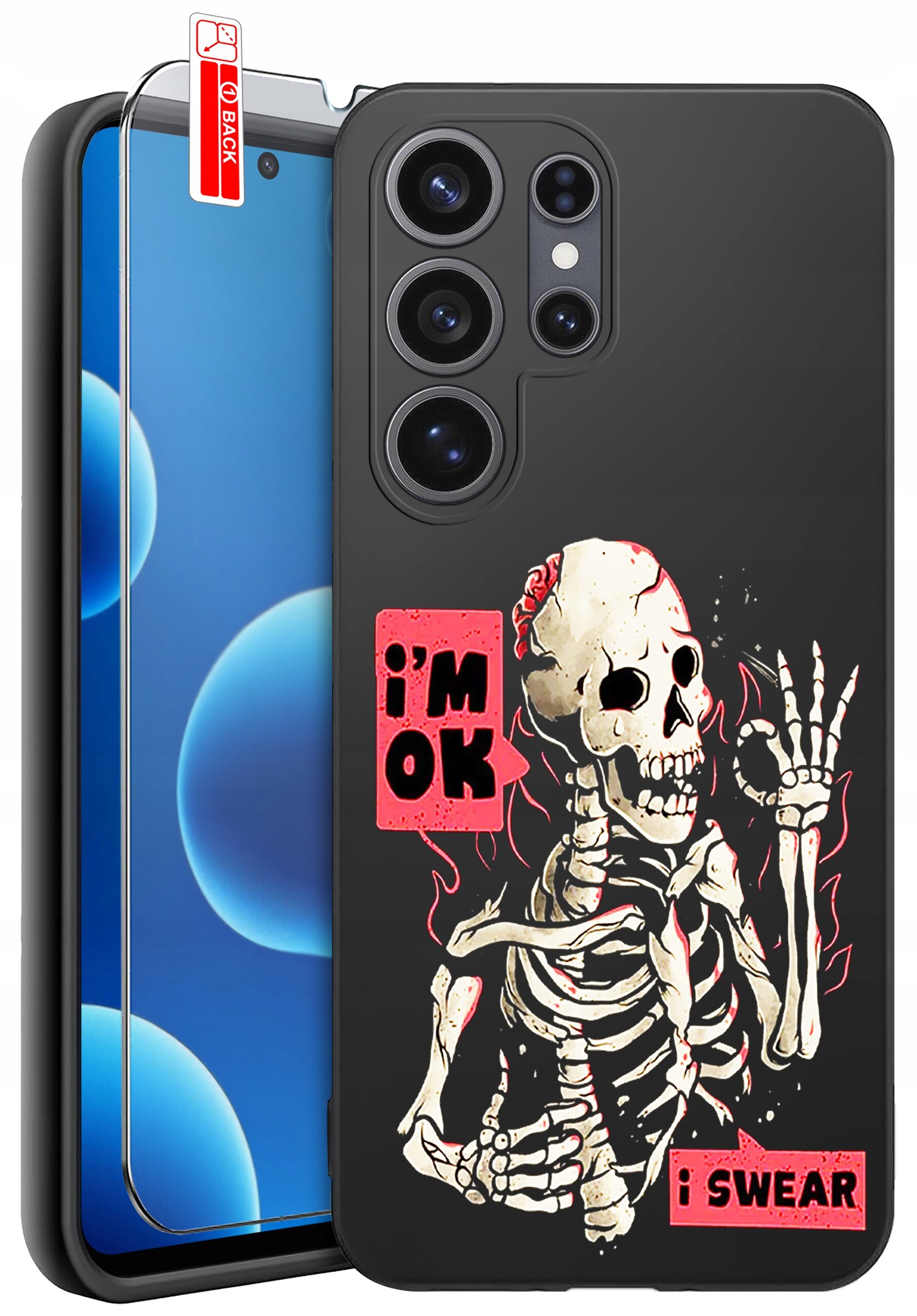 Etui na telefon z nadrukiem szkieletu i napisami \'I\'M OK\' oraz \'I SWEAR\'. Obok etui znajduje się szkło ochronne z oznaczeniem \'BACK\'.