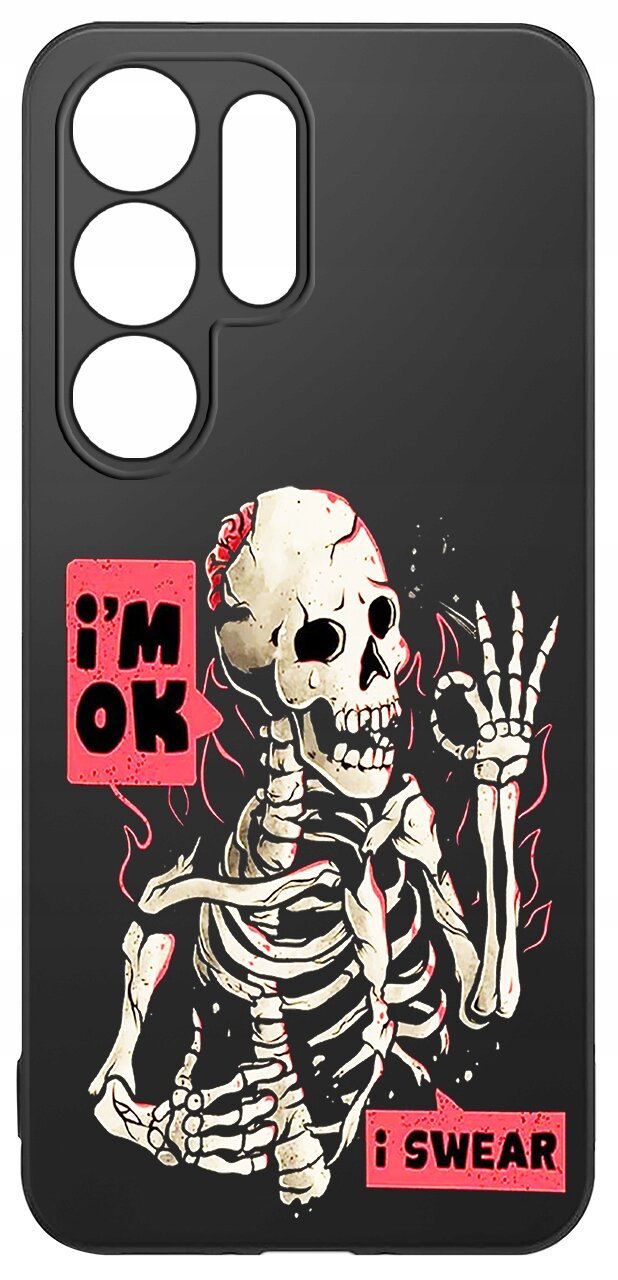 Czarne etui z nadrukiem szkieletu trzymającego rękę w geście przysięgi, z napisami \'i\'m OK\' i \'i SWEAR\' na czerwonych tłach.