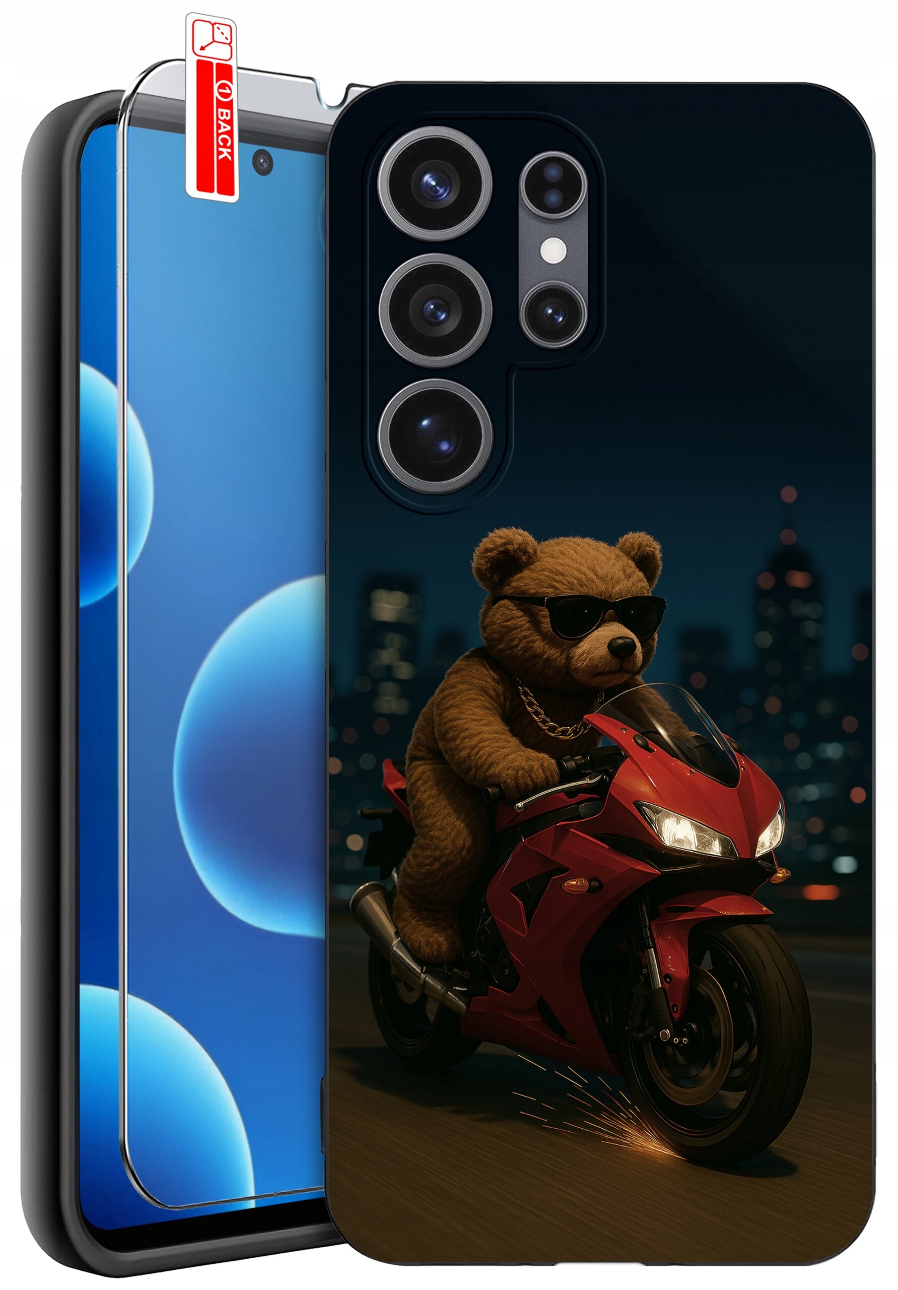 Etui na telefon z nadrukiem misia w okularach przeciwsłonecznych jadącego na czerwonym motocyklu na tle nocnego miasta. Obok widoczne jest szkło ochronne z napisem \'BACK\'.