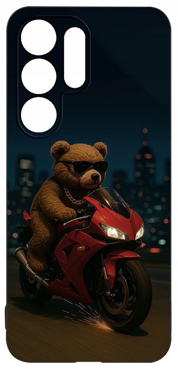 Etui na telefon z nadrukiem misia w okularach przeciwsłonecznych, jadącego na czerwonym motocyklu na tle nocnego miasta.