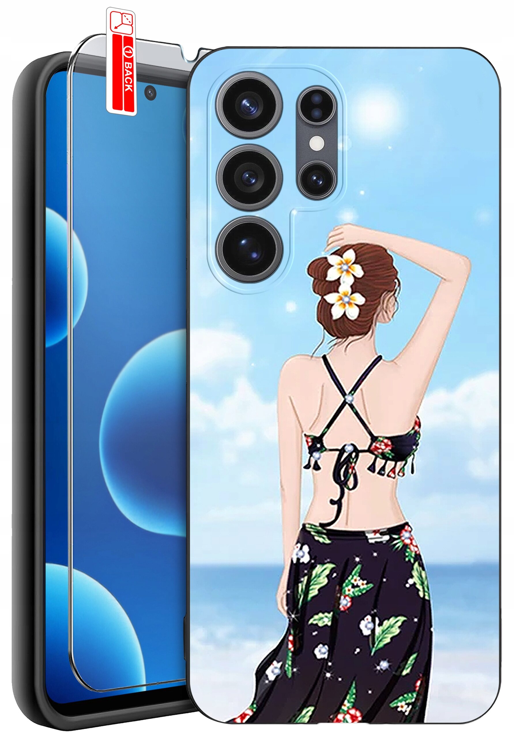 Etui na telefon z grafiką przedstawiającą kobietę w stroju plażowym na tle nieba i morza. Obok widoczna jest osłona ekranu z napisem \'BACK\'.