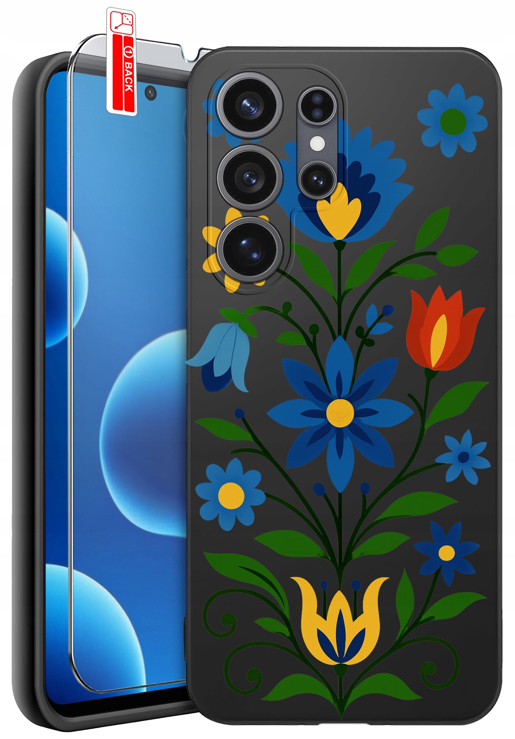 Etui na telefon z kolorowym wzorem kwiatowym na ciemnym tle, obok znajduje się szkło ochronne z oznaczeniem \'BACK\'.