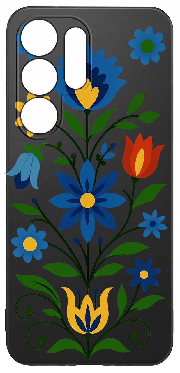 Czarne etui na telefon z kolorowym wzorem kwiatowym w odcieniach niebieskiego, czerwonego i żółtego. Etui posiada wycięcia na aparat i przyciski.