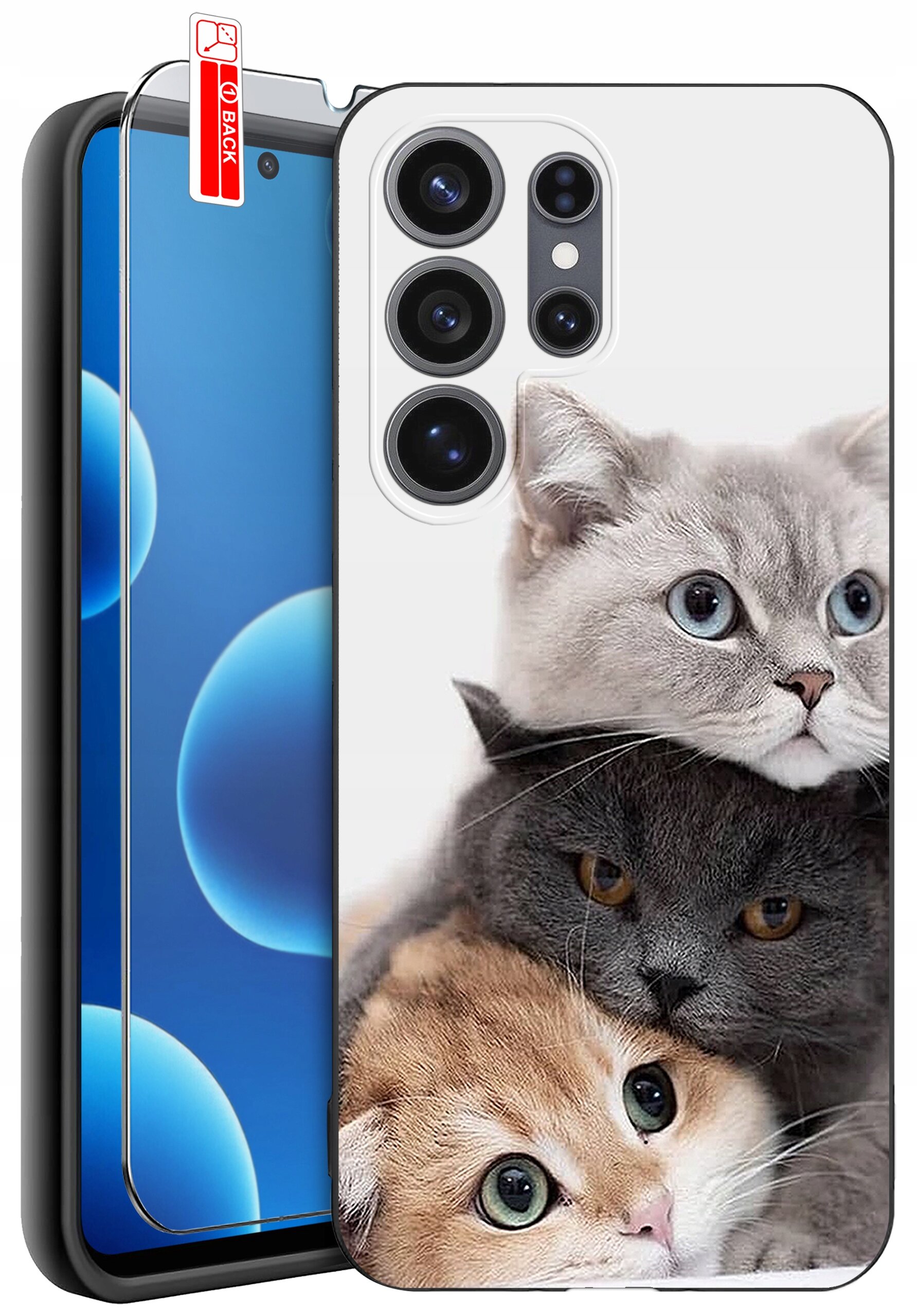 Etui na telefon z nadrukiem trzech kotów oraz szkło ochronne z napisem \'BACK\'.