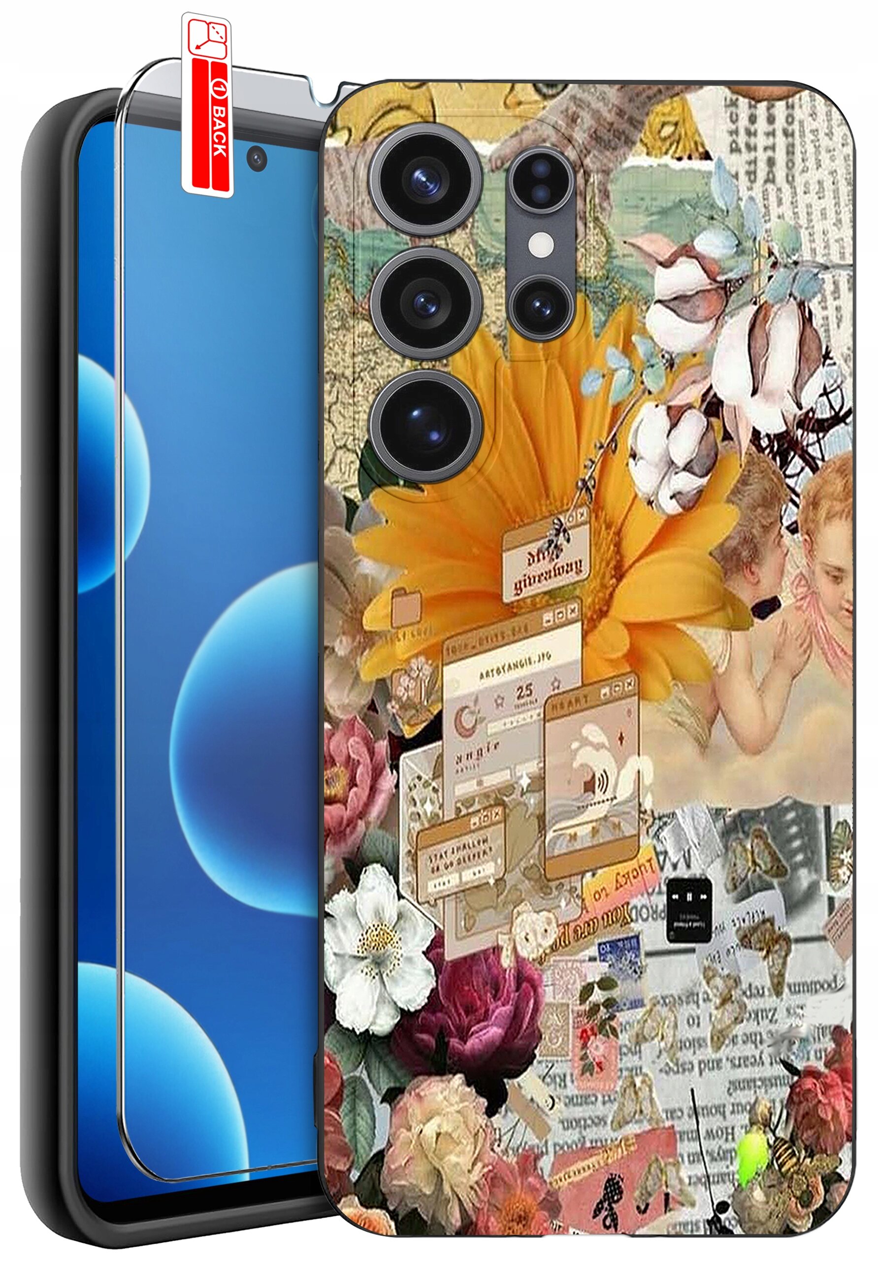Etui na telefon z kolorowym, kwiatowym wzorem oraz elementami graficznymi i tekstowymi. Obok etui znajduje się telefon z nałożonym szkłem ochronnym, na którym widoczny jest napis \'BACK\'.