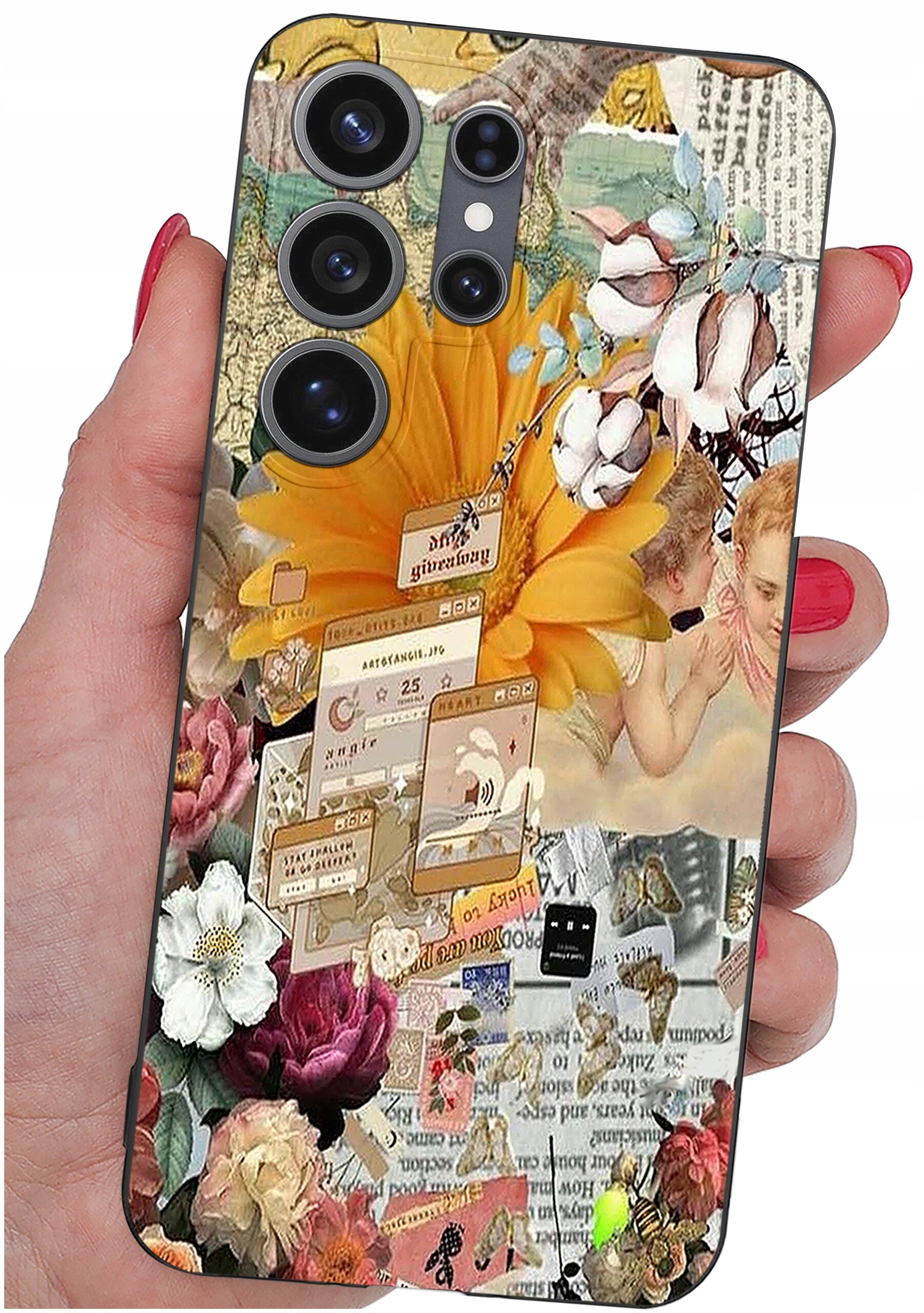 Etui na telefon z kolorowym, artystycznym wzorem przedstawiającym kwiaty, aniołki i elementy graficzne przypominające okna przeglądarki. W tle widoczne są fragmenty tekstu i różnorodne motywy dekoracyjne.