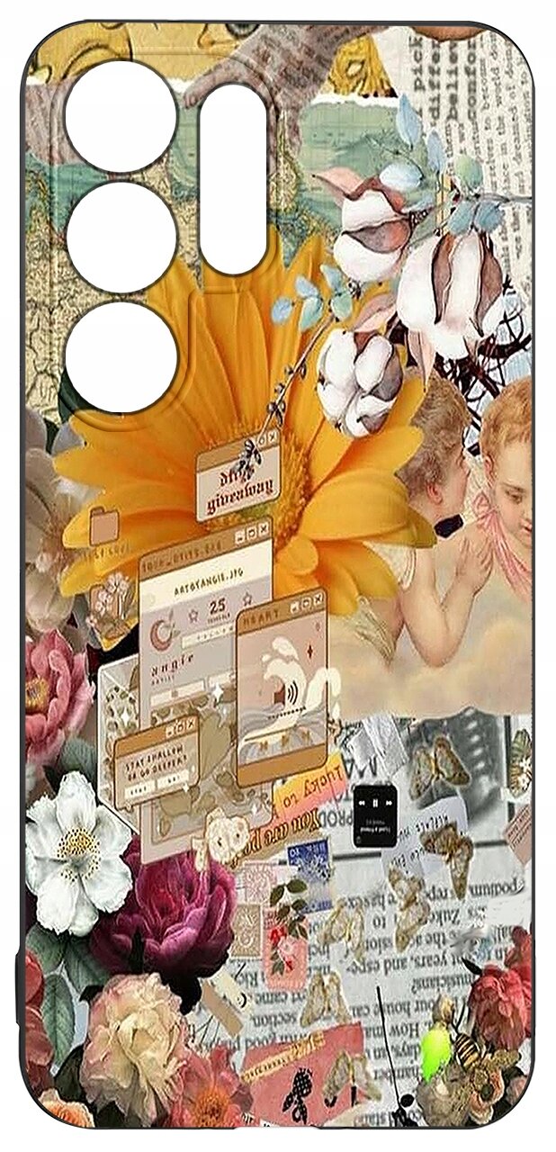 Etui na telefon z kolorowym, artystycznym wzorem przedstawiającym kwiaty, postacie i elementy graficzne, takie jak okna przeglądarki. Wzór jest bogaty w detale i różnorodne kolory.