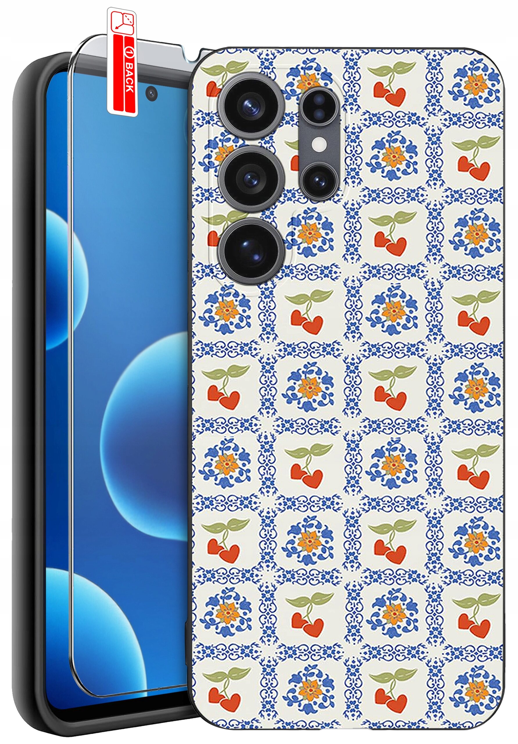 Obraz przedstawia telefon z nałożonym etui o wzorze z niebieskimi ornamentami i motywami kwiatowymi oraz owocowymi. Obok telefonu znajduje się szkło ochronne z etykietą \'BACK\'.