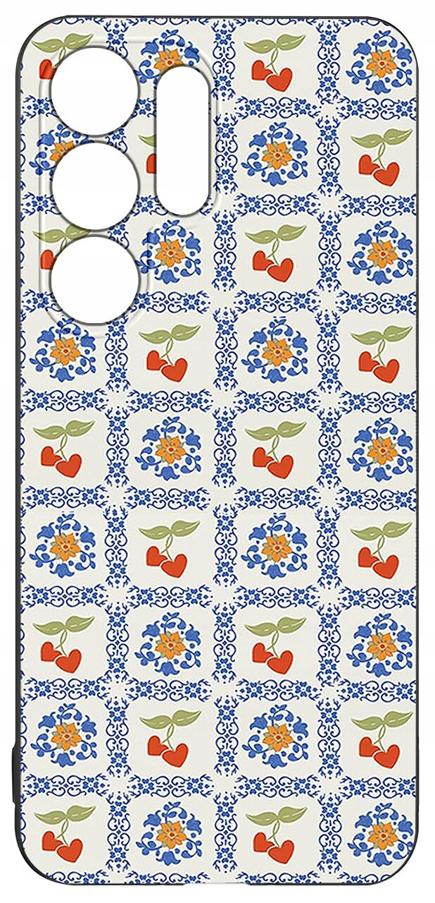 Etui na telefon z wzorem w kwiaty i owoce, w kolorach niebieskim, pomarańczowym i zielonym, z wycięciami na aparat.