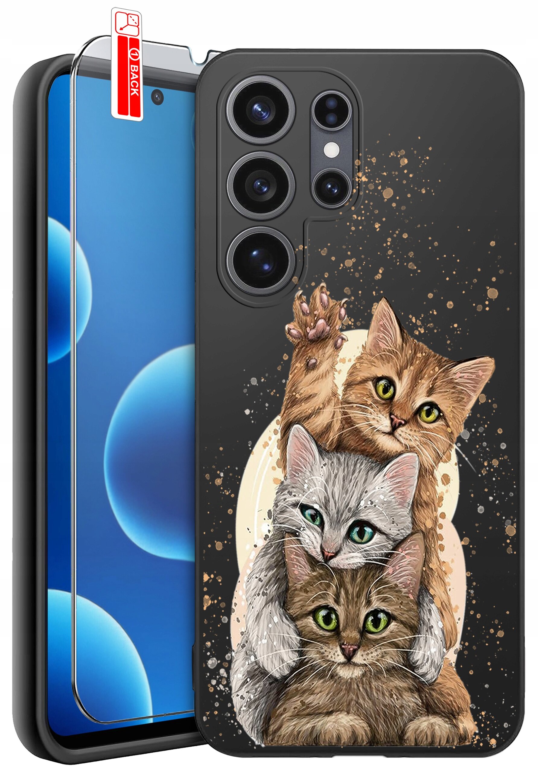 Etui na telefon z trzema rysunkowymi kotami na ciemnym tle, obok widoczna jest szybka ochronna z napisem \'BACK\'.