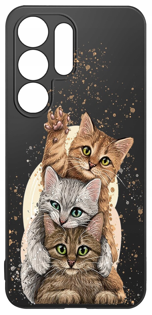 Etui na telefon z trzema rysunkowymi kotami na tle czarnym z brązowymi plamkami. Etui ma wycięcia na aparat i przyciski.