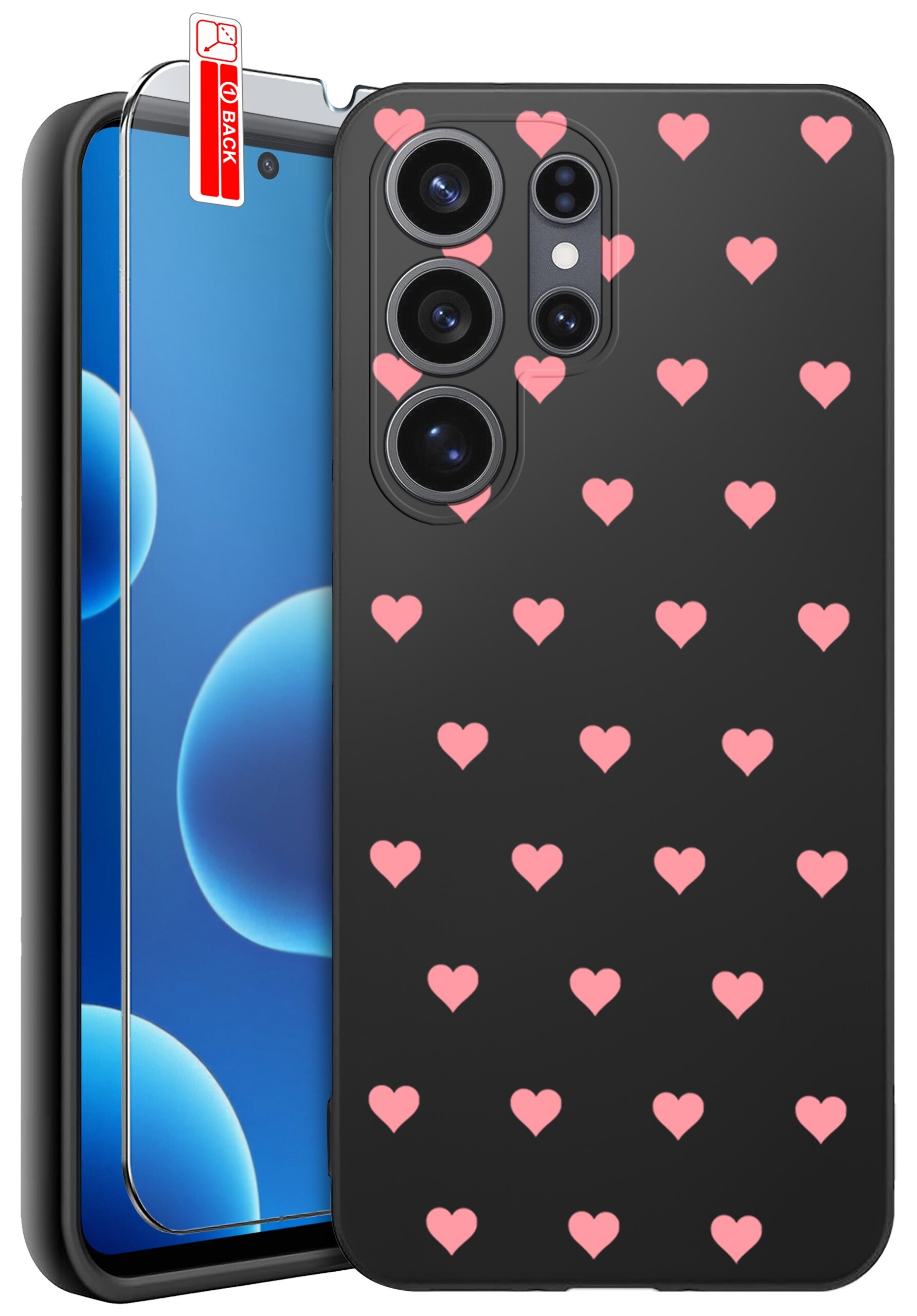 Obraz przedstawia czarne etui na telefon z różowymi sercami oraz szkło ochronne z napisem \'BACK\'.