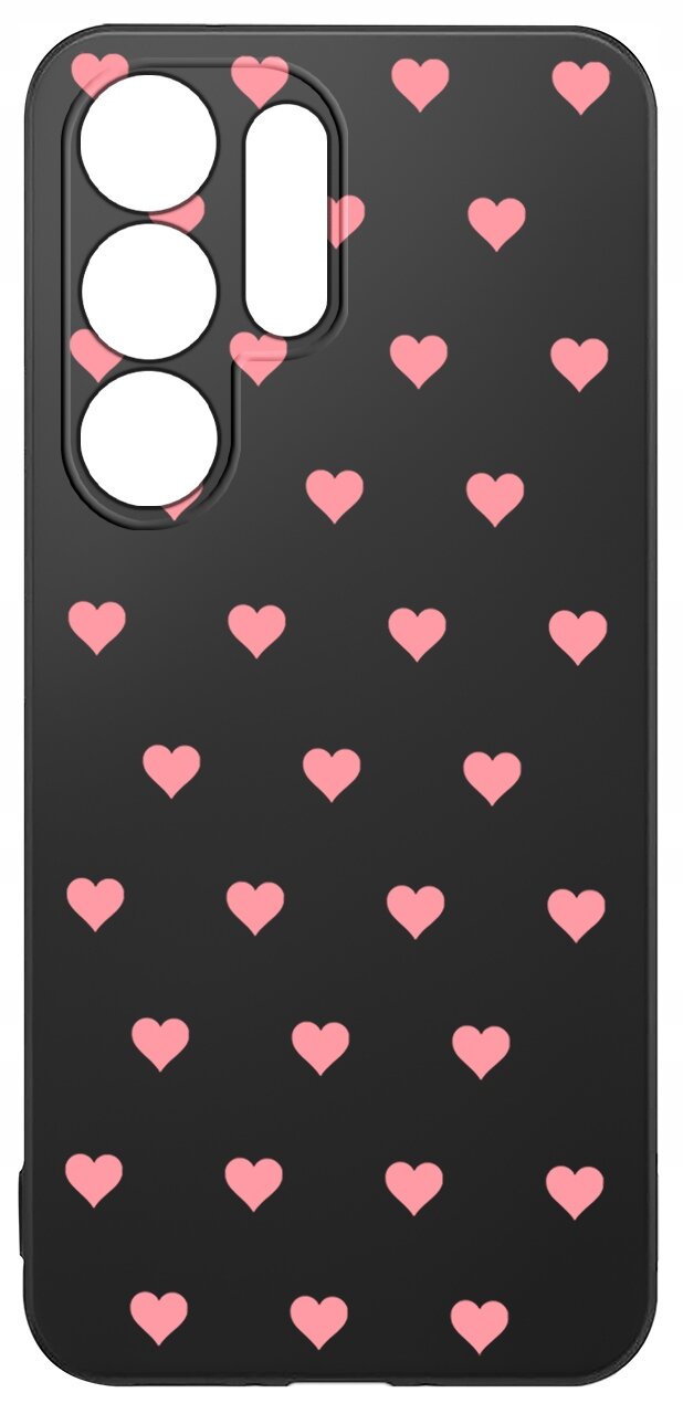 Czarne etui na telefon z różowymi sercami rozmieszczonymi równomiernie na całej powierzchni. Etui posiada wycięcia na aparat i przyciski.