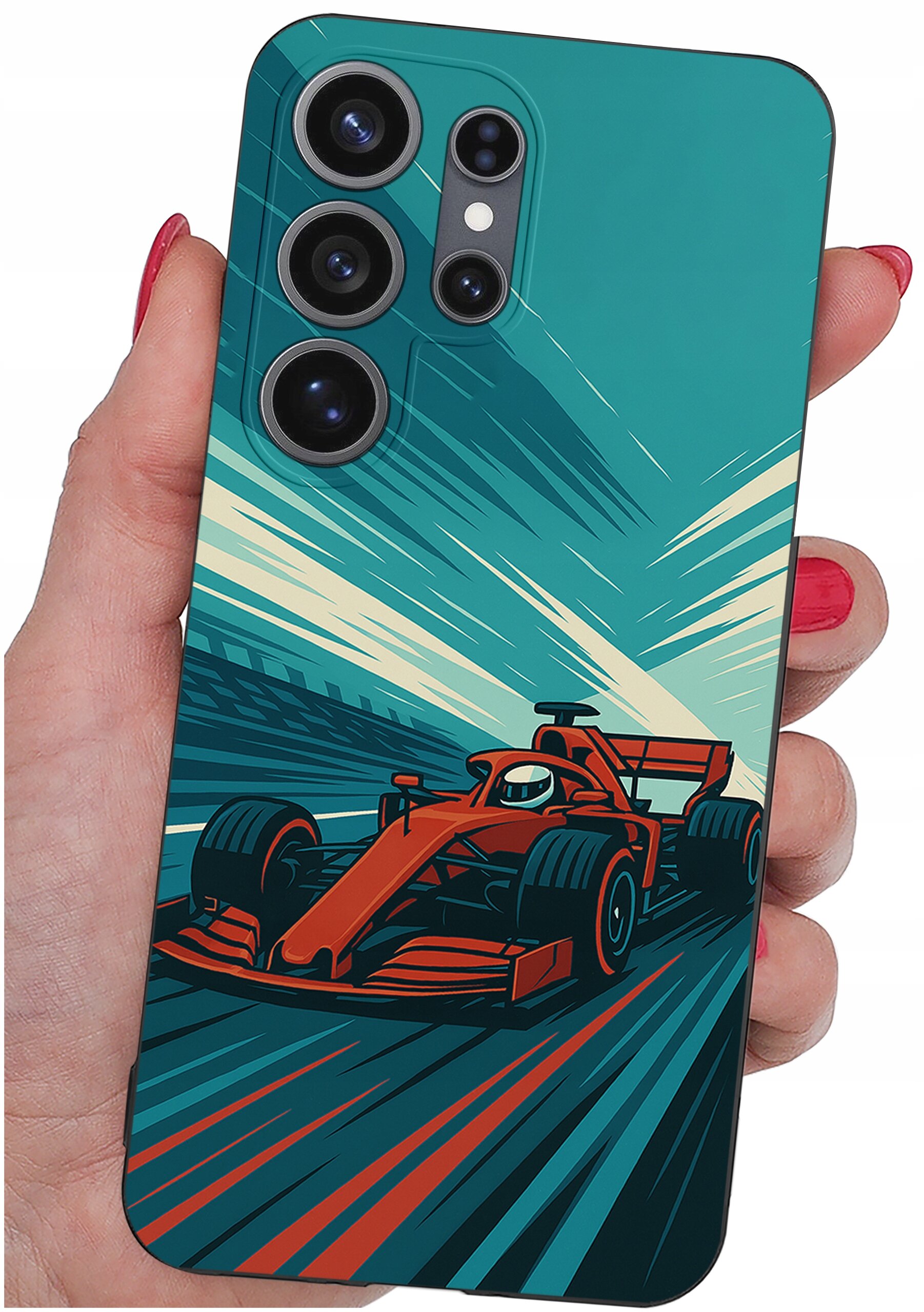 Etui na telefon z grafiką przedstawiającą czerwony samochód wyścigowy na tle dynamicznych linii w odcieniach niebieskiego i zielonego. Etui trzymane jest w dłoni z pomalowanymi na czerwono paznokciami.