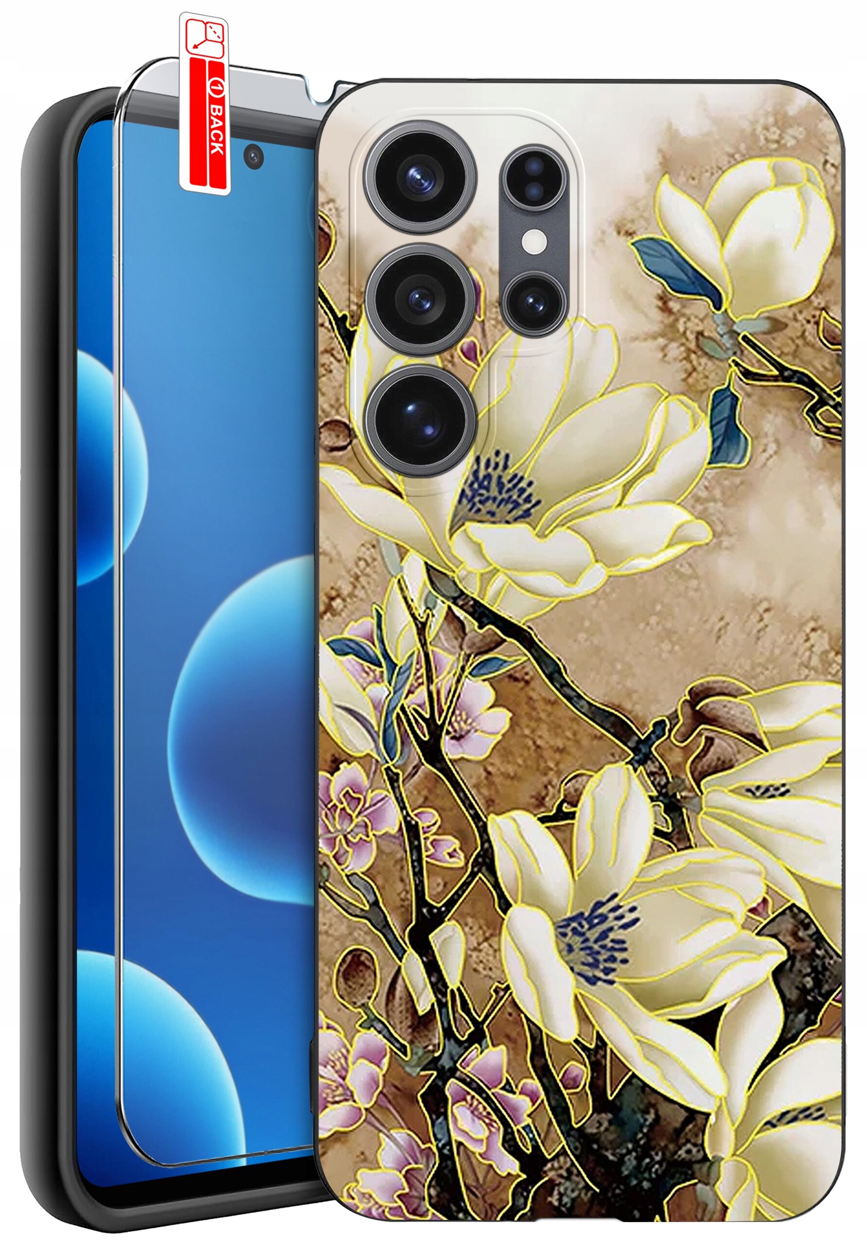 Obraz przedstawia etui na telefon z wzorem kwiatów magnolii oraz szkło ochronne z napisem \'BACK\'.