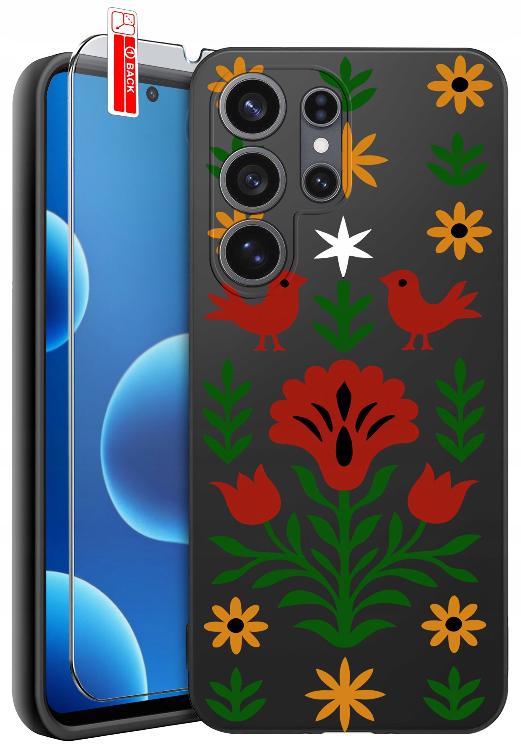 Etui na telefon z kolorowym wzorem kwiatów i ptaków na ciemnym tle, obok znajduje się szkło ochronne z oznaczeniem \'BACK\'.