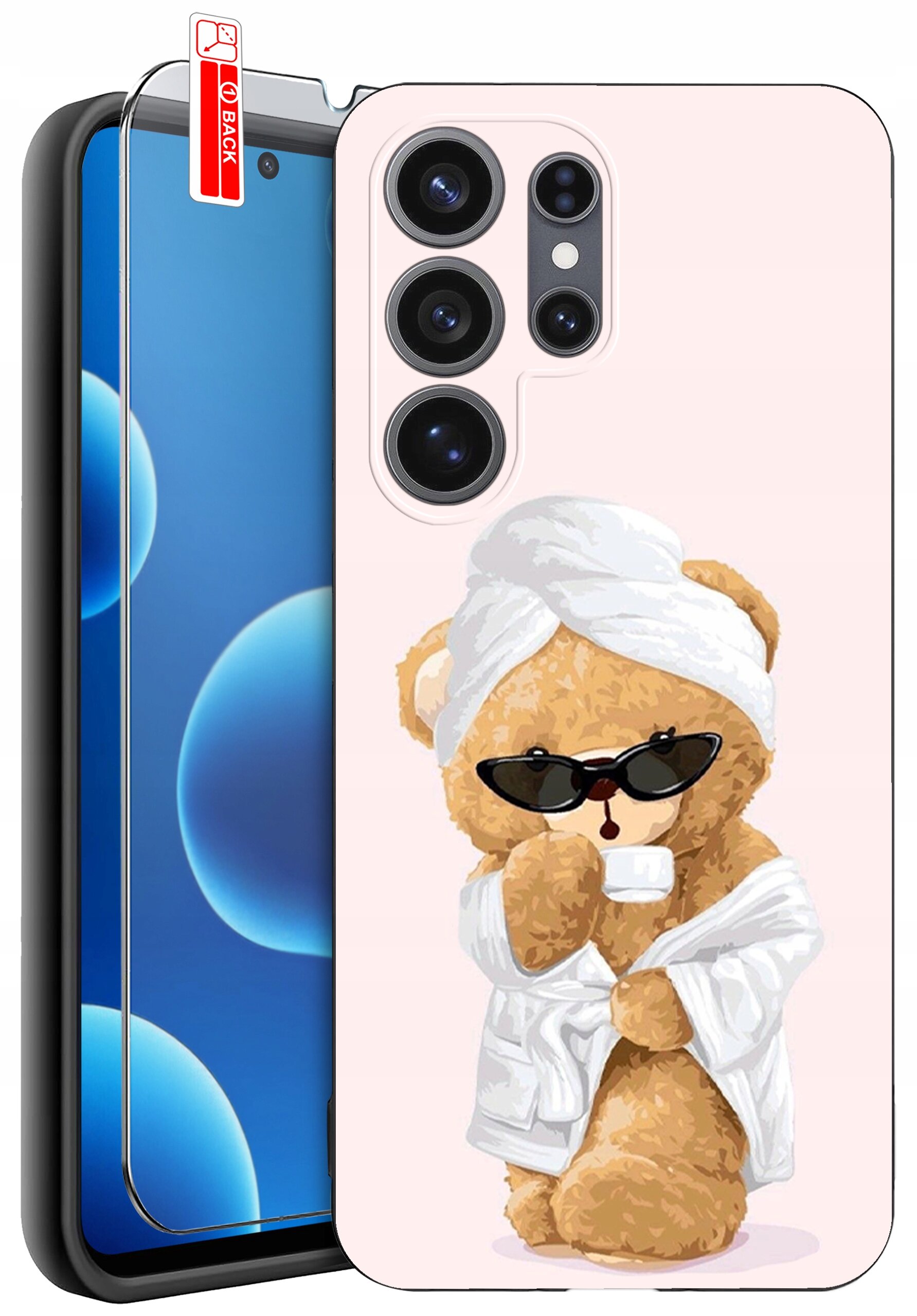 Etui na telefon z nadrukiem misia w okularach przeciwsłonecznych, szlafroku i turbanie na głowie. Obok etui znajduje się szkło ochronne z oznaczeniem \'BACK\'.