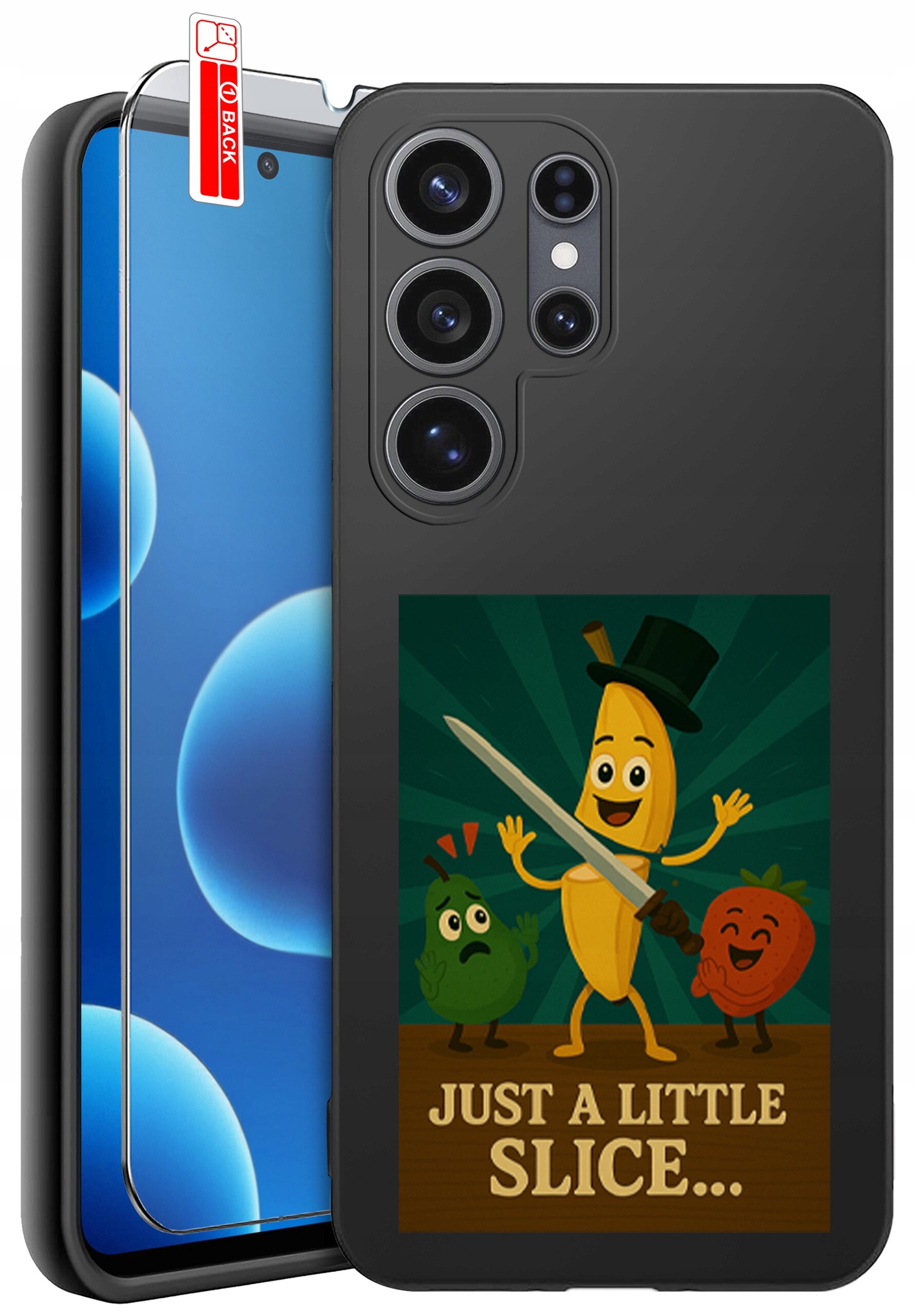 Czarne etui na telefon z nadrukiem przedstawiającym uśmiechnięte owoce, w tym banana w cylindrze trzymającego miecz. Pod obrazkiem znajduje się napis \'JUST A LITTLE SLICE...\'.