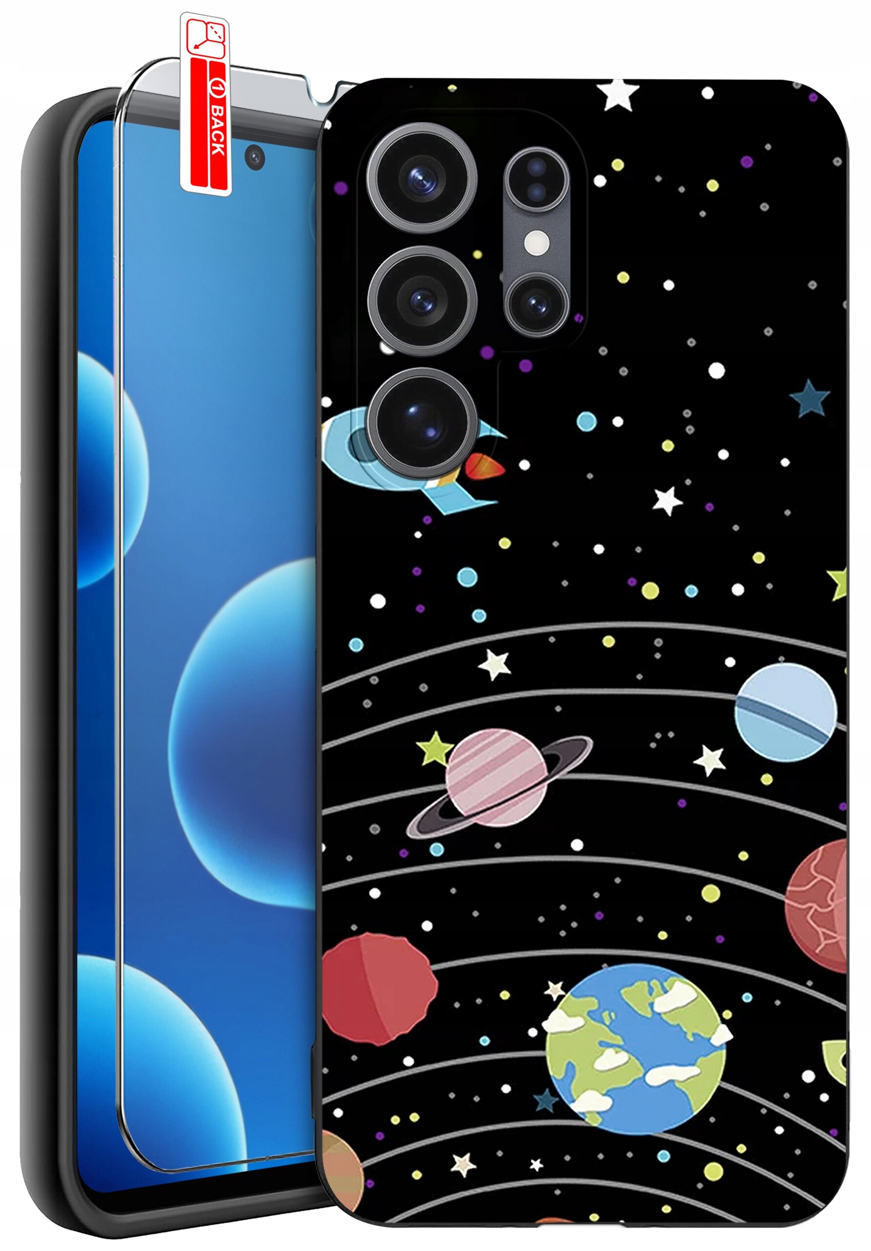 Etui na telefon z motywem kosmosu, przedstawiające planety i gwiazdy na czarnym tle. Obok znajduje się szkło ochronne z napisem \'BACK\'.