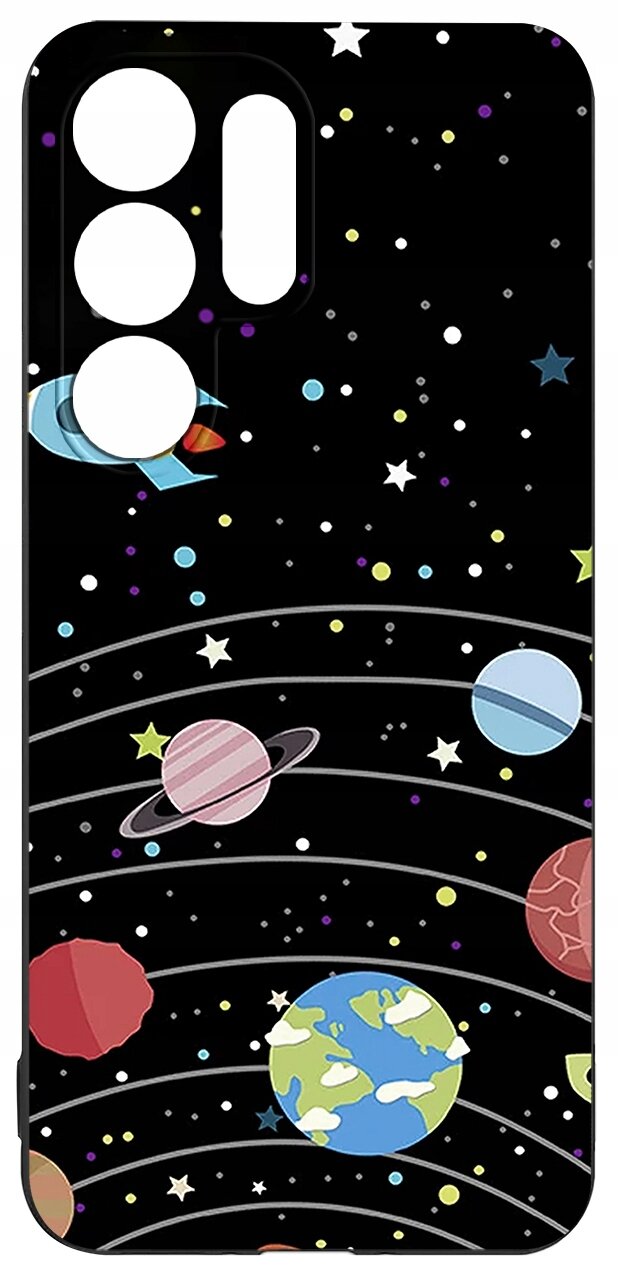Etui na telefon z motywem kosmosu, przedstawiające planety, gwiazdy i orbity na czarnym tle. W górnej części znajdują się wycięcia na aparat.