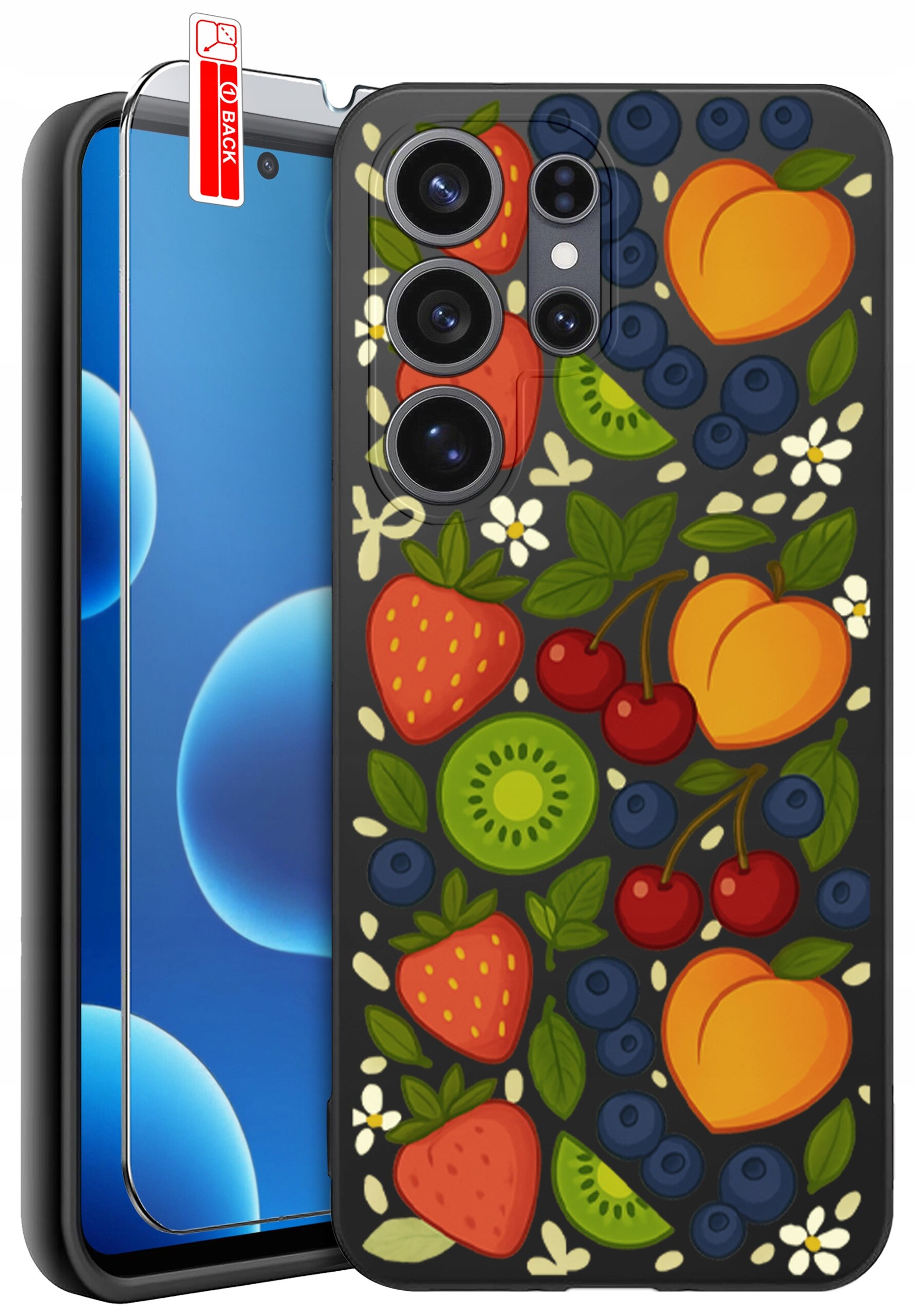 Etui na telefon z kolorowym wzorem owoców, takich jak truskawki, kiwi, wiśnie, brzoskwinie i jagody. Obok etui znajduje się szkło ochronne z napisem \'BACK\'.