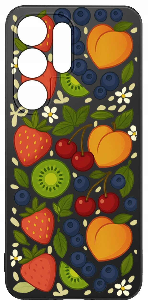 Etui na telefon z kolorowym wzorem owoców, w tym truskawek, kiwi, brzoskwiń, wiśni i jagód, na ciemnym tle.