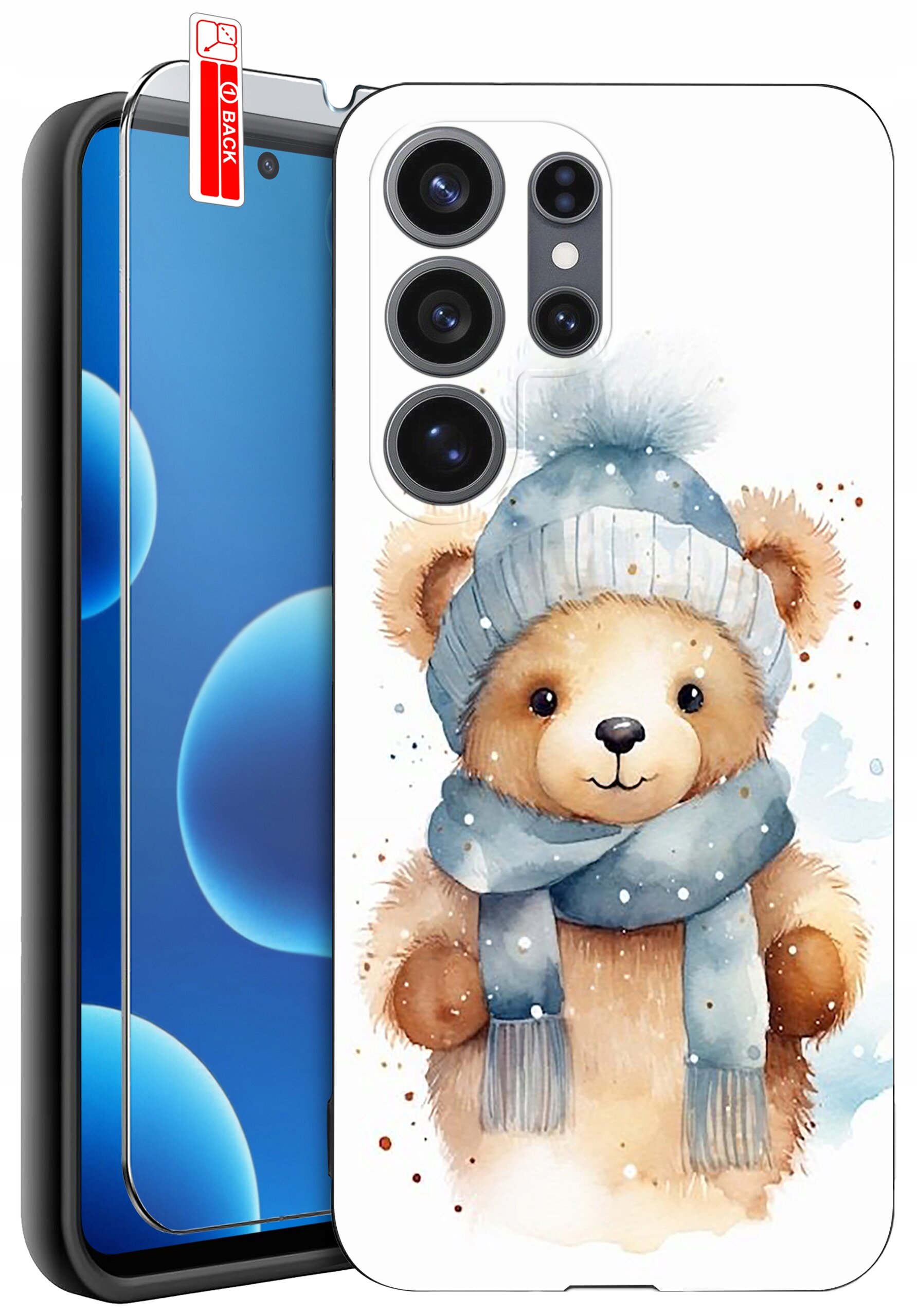 Etui na telefon z nadrukiem misia w czapce i szaliku, obok widoczny ekran telefonu z niebieskim tłem. Na etui znajduje się wycięcie na aparat z czterema obiektywami.