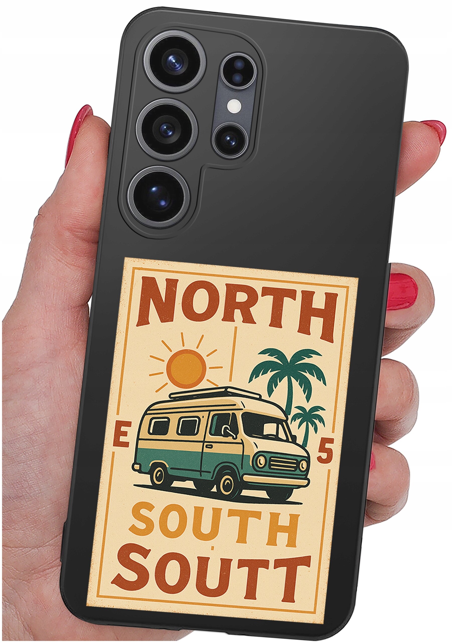 Czarna obudowa telefonu z grafiką przedstawiającą samochód kempingowy, palmę i słońce oraz tekst \'NORTH SOUTH SOUTT E 5\'.