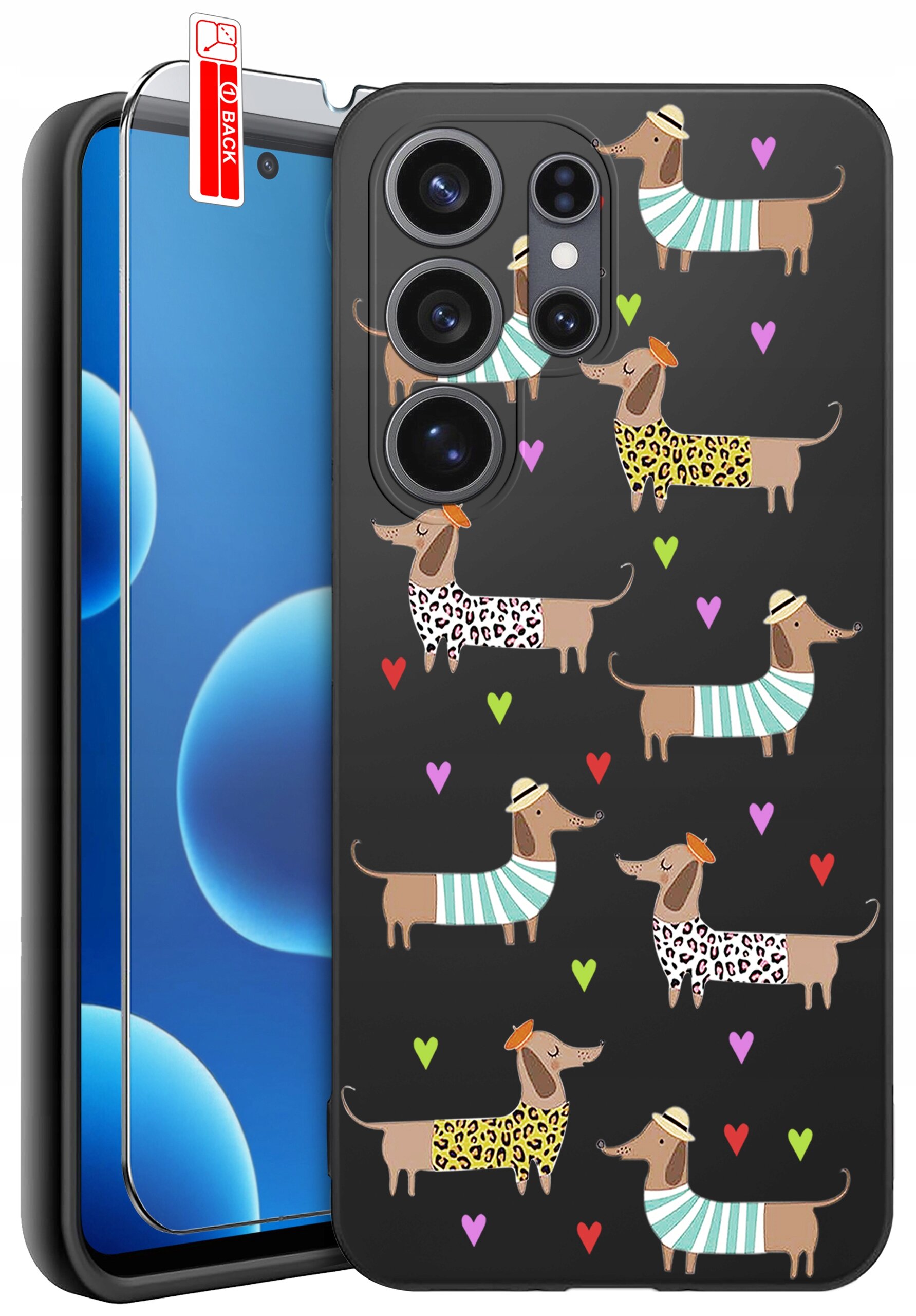 Etui na telefon z wzorem jamników w różnych ubraniach i kolorowych sercach. Obok etui znajduje się szkło ochronne z napisem \'BACK\'.