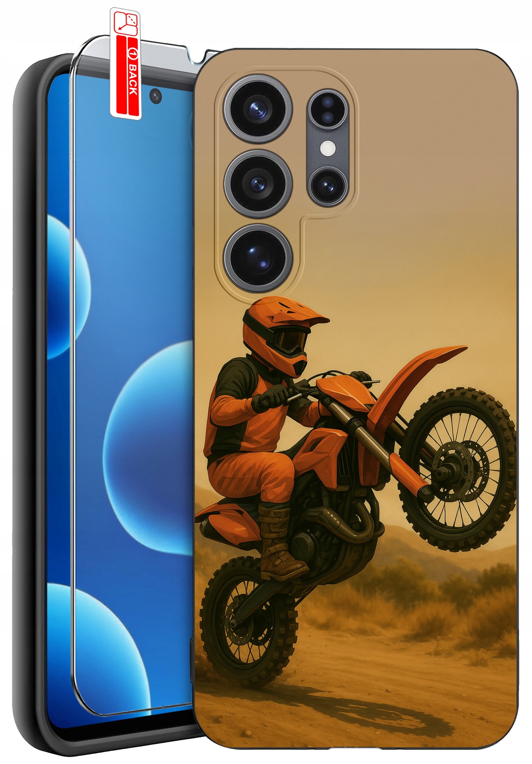 Etui na telefon z nadrukiem motocyklisty na motocyklu w terenie, obok widoczna jest szybka ochronna z napisem \'BACK\'.