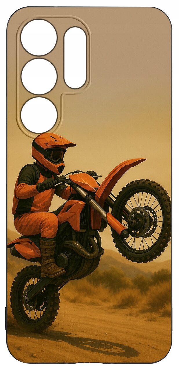 Etui na telefon z nadrukiem motocyklisty w pomarańczowym stroju, wykonującego jazdę na jednym kole na motocyklu terenowym. Tło jest w odcieniach beżu, przypominające pustynny krajobraz.