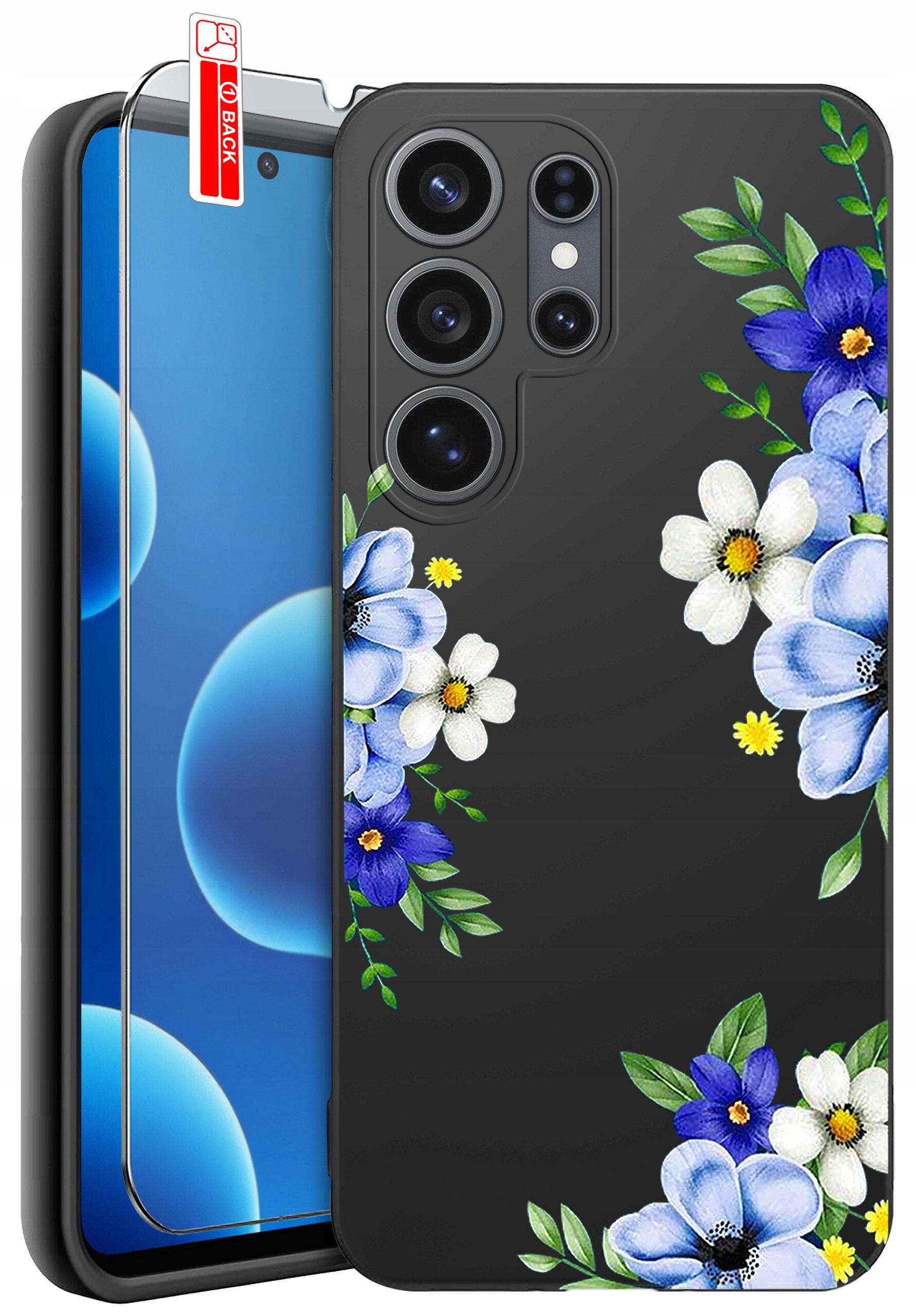 Etui na telefon z czarnym tłem ozdobione wzorem niebieskich i białych kwiatów z zielonymi liśćmi. Obok znajduje się szkło ochronne z czerwoną naklejką \'BACK\'.