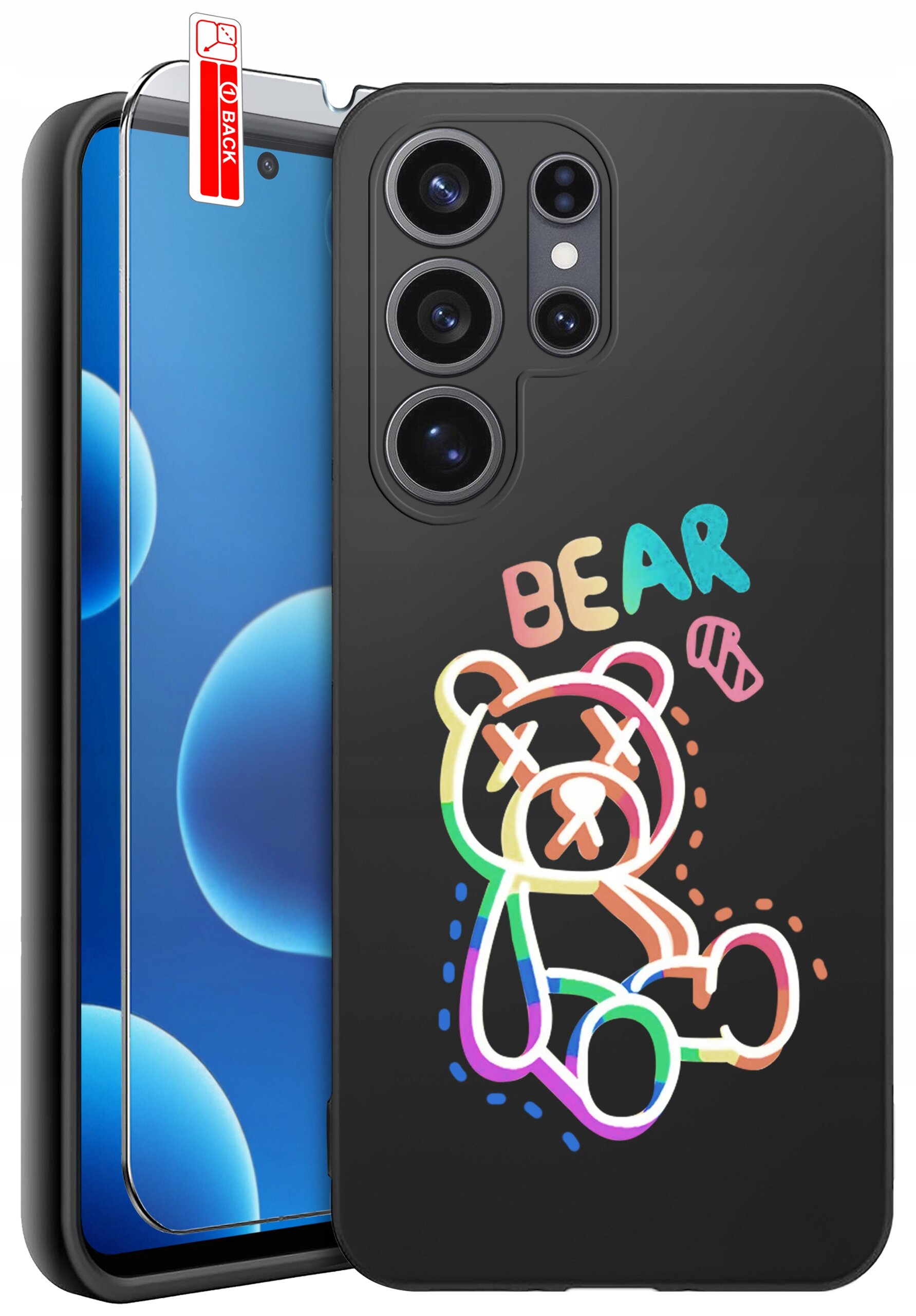 Czarne etui na telefon z kolorowym rysunkiem misia i napisem \'BEAR\'. Obok znajduje się szkło ochronne z oznaczeniem \'BACK\'.