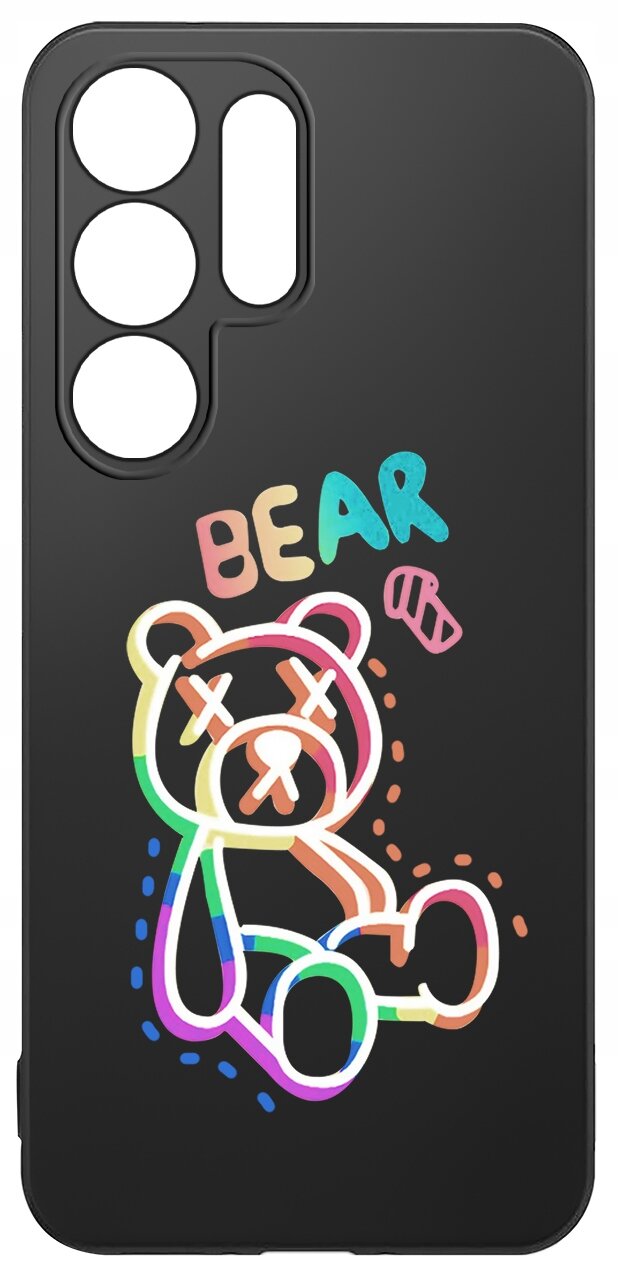 Czarne etui z kolorowym rysunkiem misia z zamkniętymi oczami i napisem \'BEAR\'.