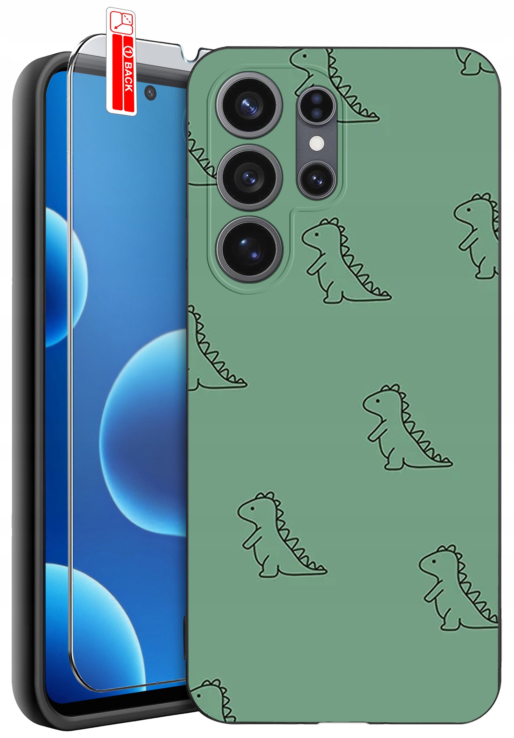 Obraz przedstawia zielone etui na telefon z wzorem małych dinozaurów oraz szkło ochronne z napisem \'BACK\'.