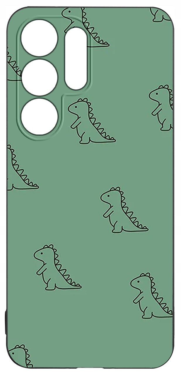 Zielone etui na telefon z wzorem małych dinozaurów rozmieszczonych na całej powierzchni. Etui posiada wycięcia na aparat i przyciski.