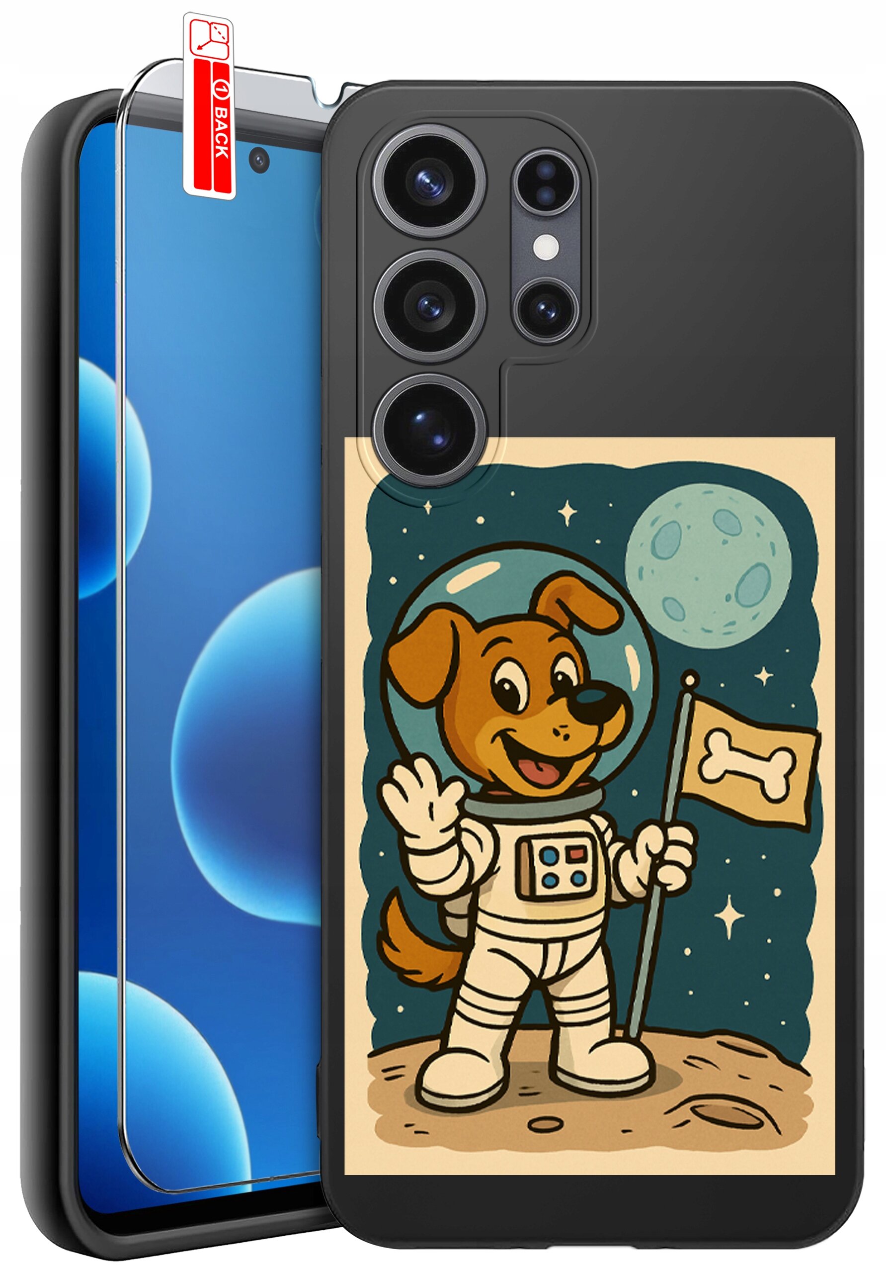 Etui na telefon z grafiką psa w skafandrze kosmicznym trzymającego flagę z kością, na tle księżyca i gwiazd. Obok etui znajduje się szkło ochronne z oznaczeniem \'BACK\'.