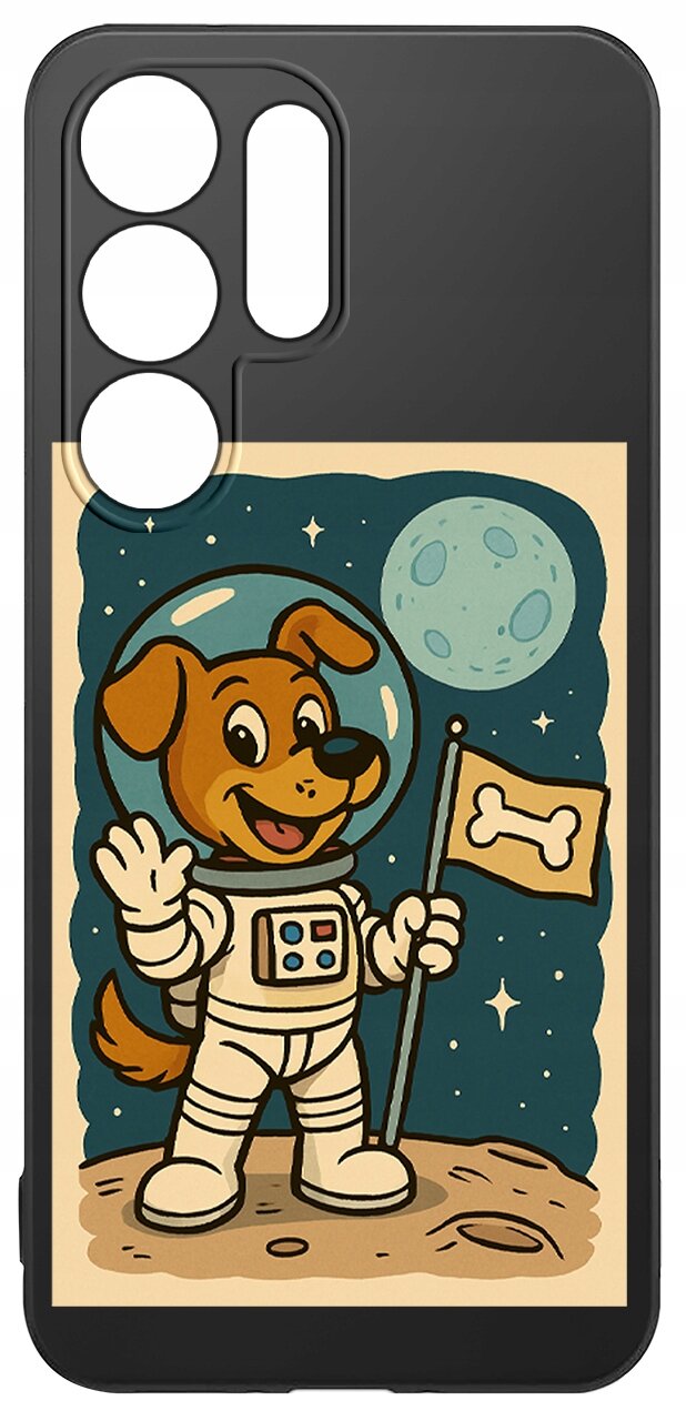 Etui na telefon z grafiką przedstawiającą psa w skafandrze kosmicznym, trzymającego flagę z kością na tle księżyca i gwiazd.