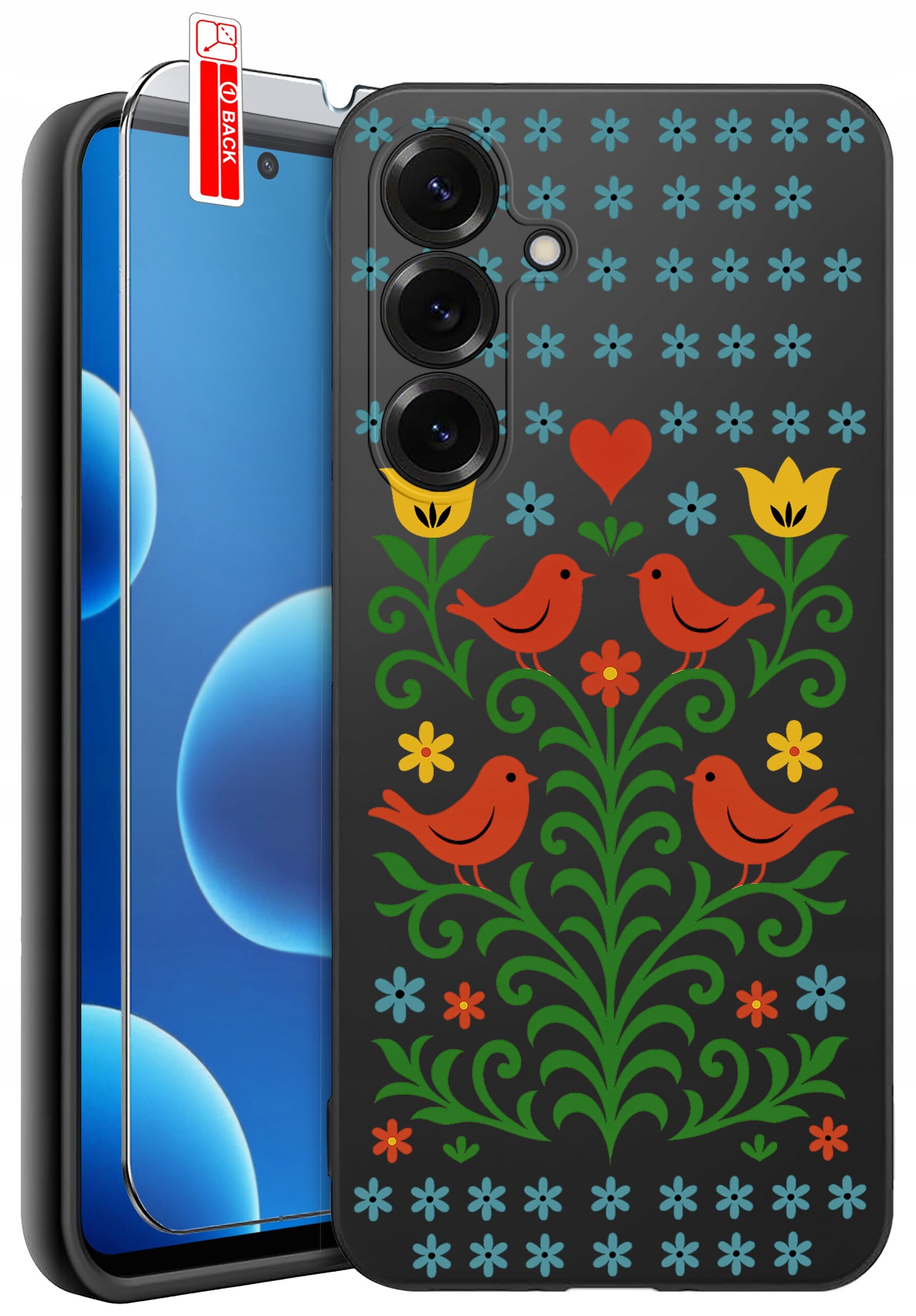 Etui na telefon z kolorowym wzorem przedstawiającym czerwone ptaki, kwiaty i serce na ciemnym tle. Obok etui znajduje się szkło ochronne z etykietą \'BACK\'.